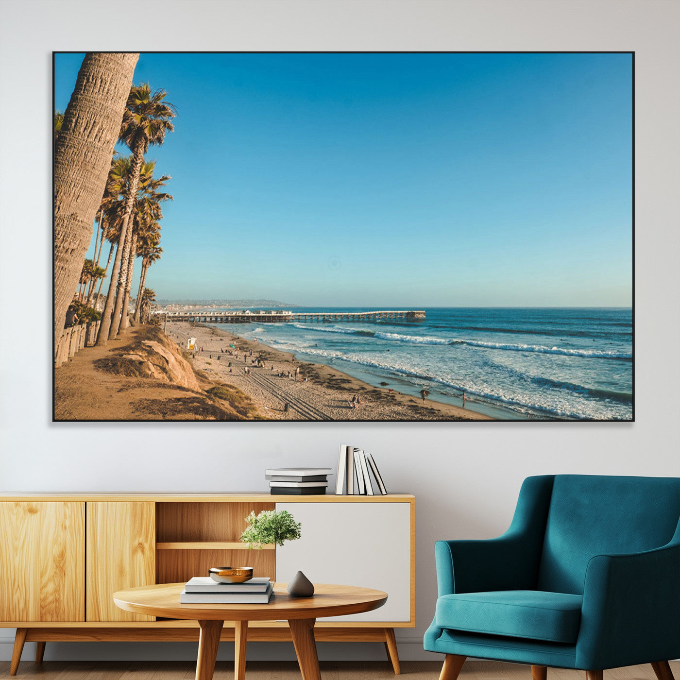 SEG-FC-51X34_Oversize - Scenic Beach with Tall Palm Trees, Sandy Shore, and Long Pier Stretching into the Calm Ocean Under