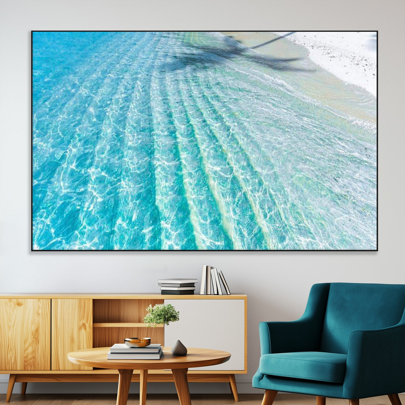 SEG-FC-51X34_Oversize - Crystal Clear Shallow Ocean Water with Sunlight Reflections and Palm Tree Shadow on Sandy Beach –