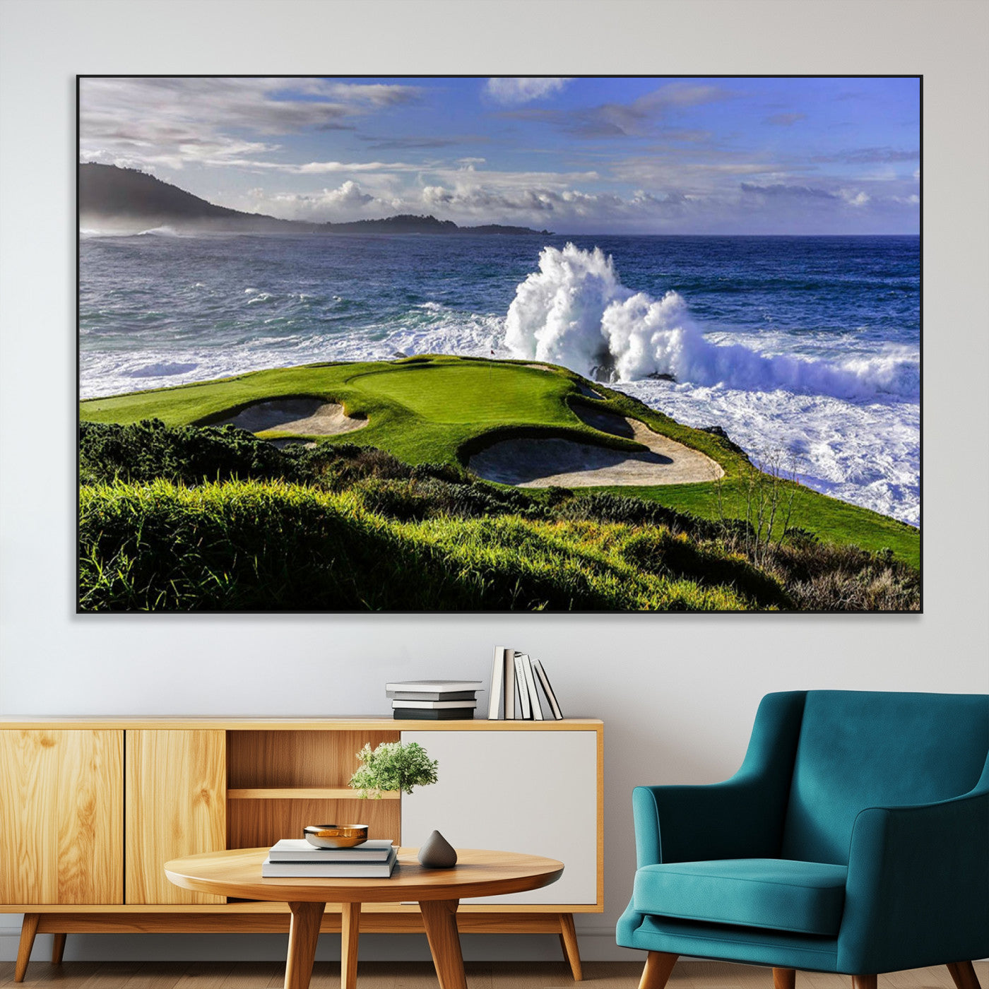 SEG-FC-51X34_Oversize - Dramatic Ocean Waves Crashing Against Rocky Coastline Near a Green Golf Course – Stunning Wall Art
