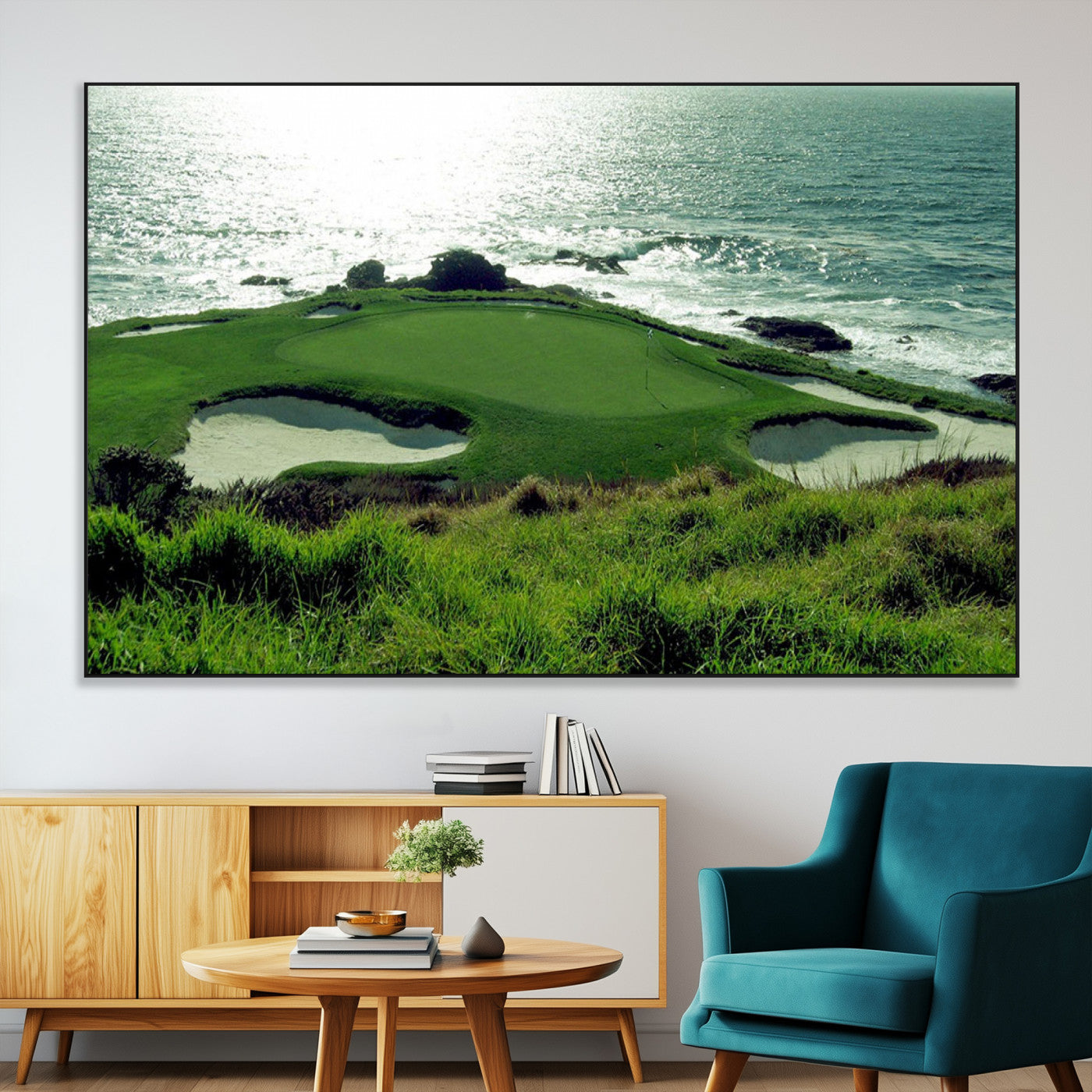 SEG-FC-51X34_Oversize - Scenic Coastal Golf Course Green Surrounded by Sand Bunkers and Ocean Waves Shimmering in the Sun –