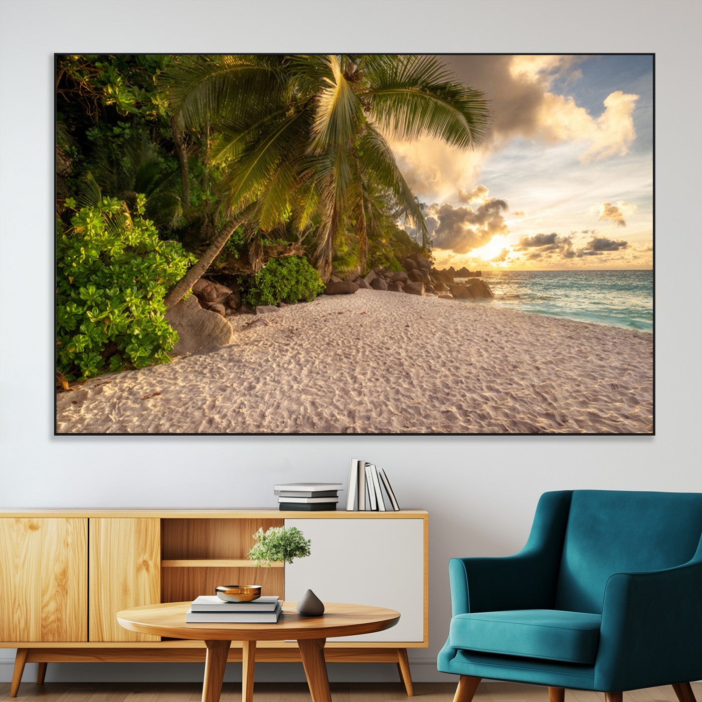 SEG-FC-51X34_Oversize - Tropical beach sunset, palm trees, white sand, ocean waves, golden sky, serene landscape, nature