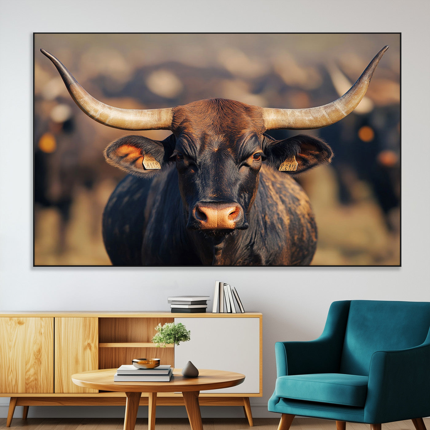 SEG-FC-51X34_Oversize - Majestic bull head close-up, long curved horns, detailed fur texture, warm sunlight, focused gaze,