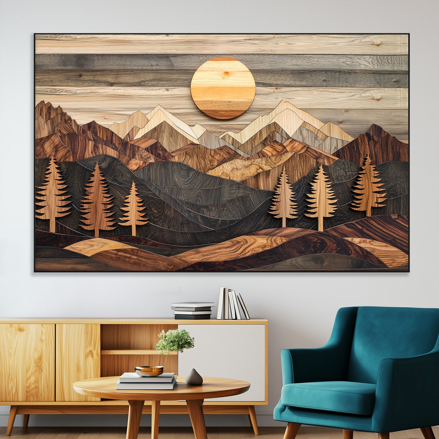 SEG-FC-51X34_Oversize - Wooden mountain landscape layered texture geometric shapes sun pine trees rustic natural tones Wall