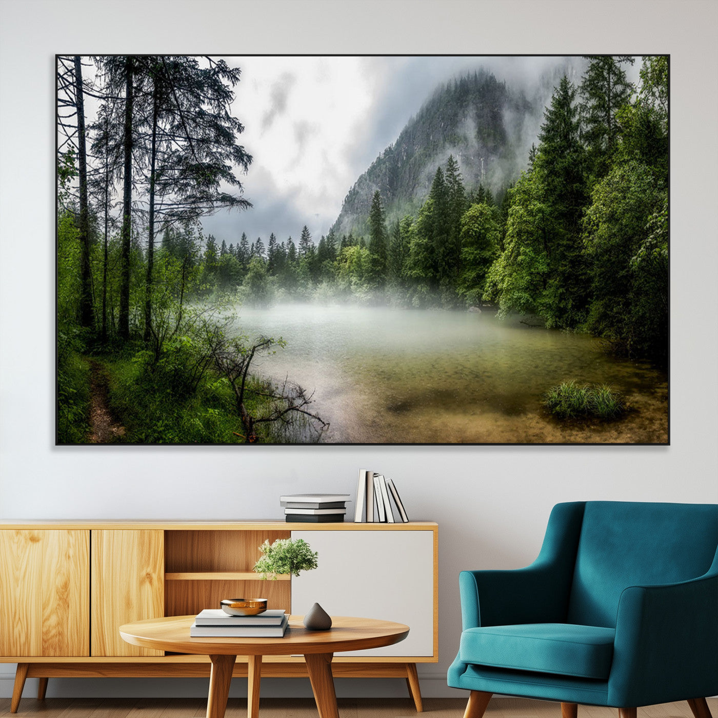 SEG-FC-51X34_Oversize - Misty Lake Forest Green Trees Calm Water Reflection Mountain Fog Nature Landscape Outdoor Scenic
