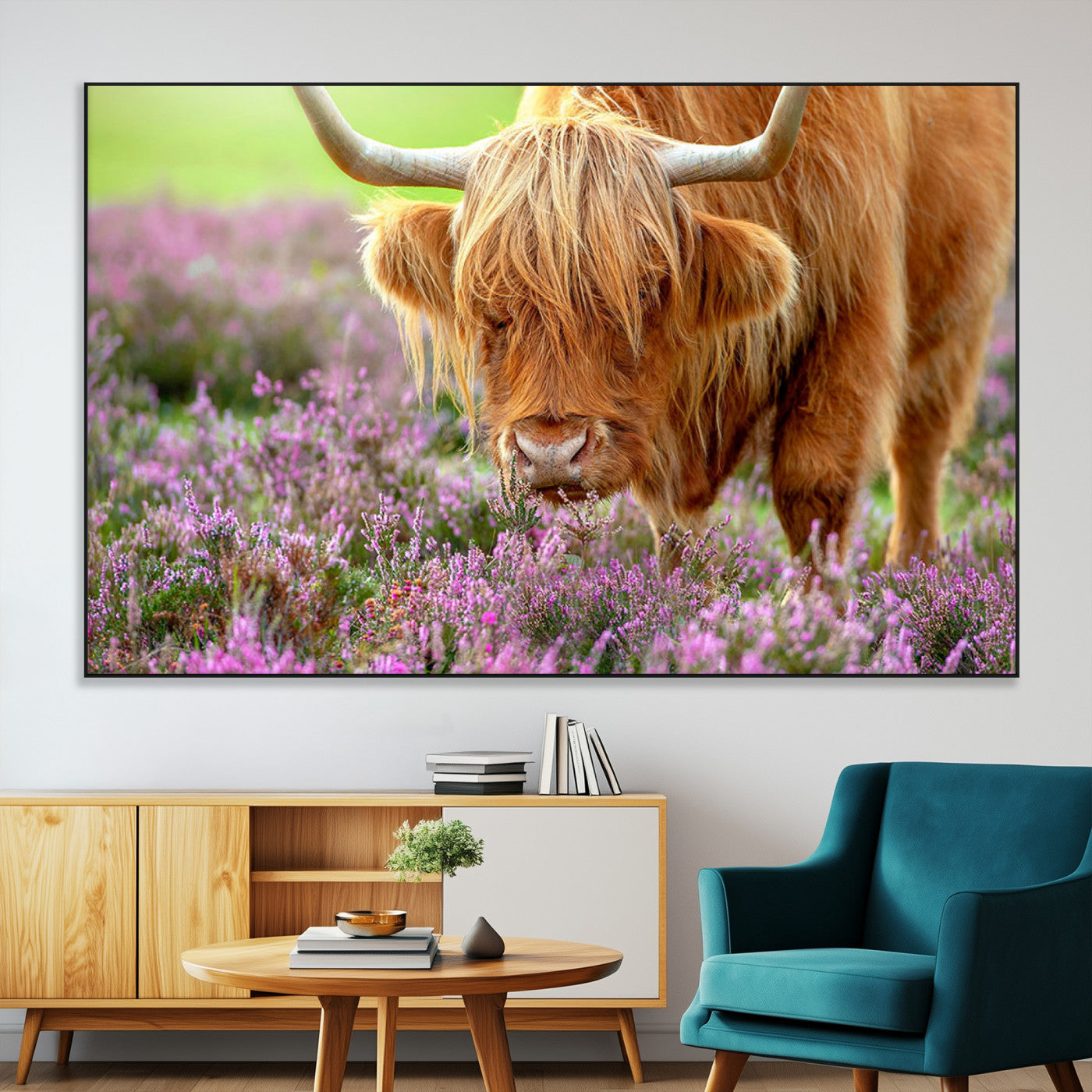 SEG-FC-51X34_Oversize - Highland Cow Purple Flowers Nature Pasture Scenic Wildlife Animal Grazing Meadow Calm Rustic Charm