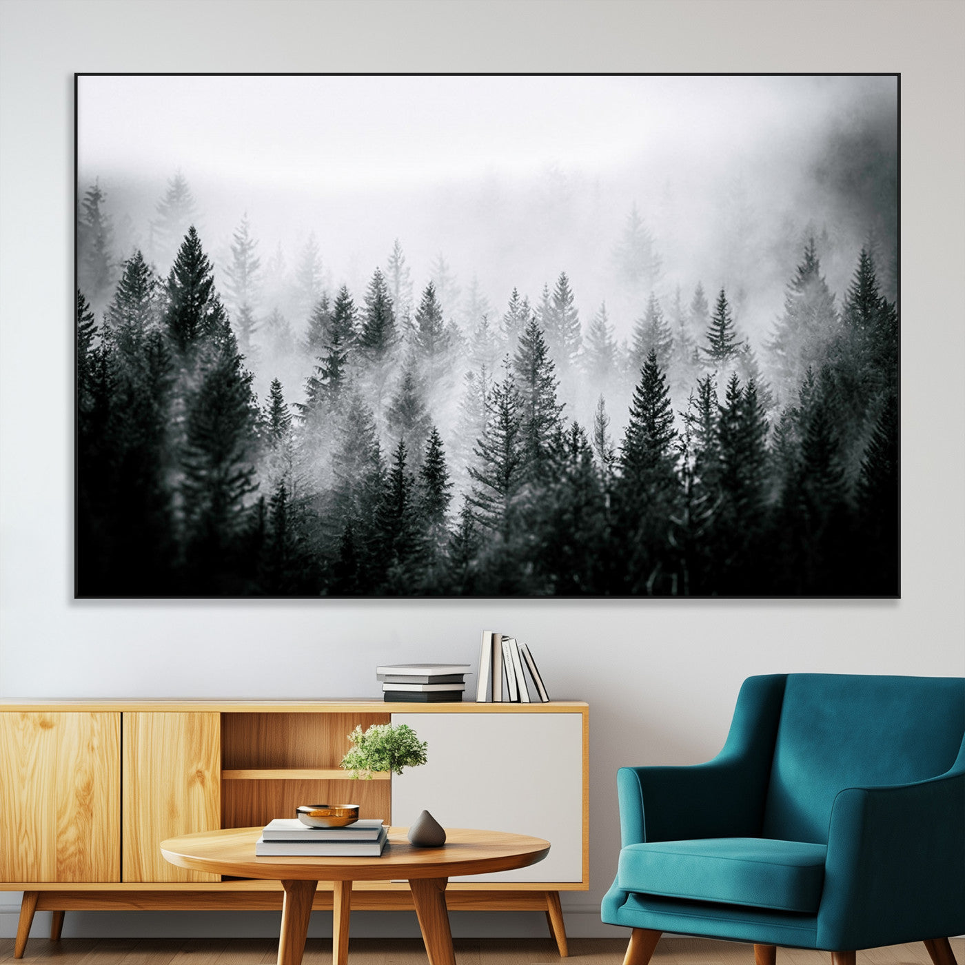 Horizontal black and white canvas wall art of foggy pine forest landscape for modern and rustic home decor