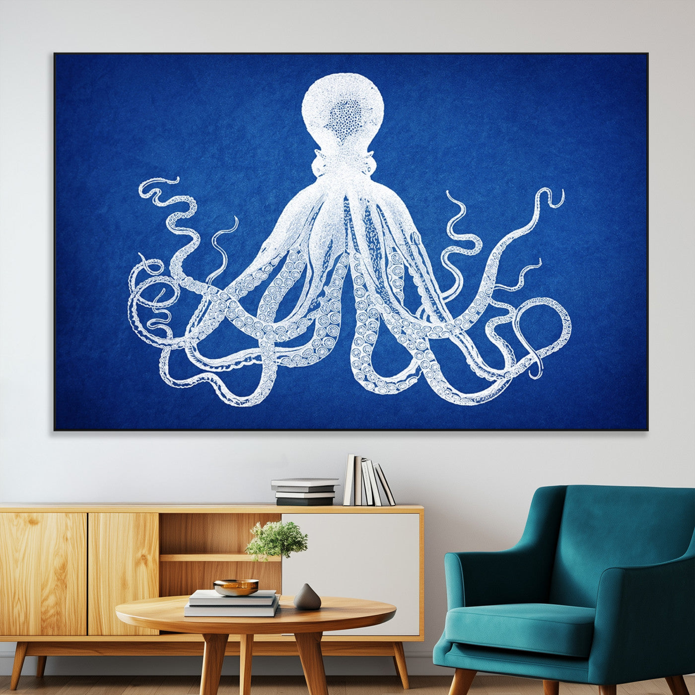 SEG-FC-51X34_Oversize - Large 3-Panel Blue Octopus Canvas Wall Art | Coastal Marine Life Artwork for Living Room, Bedroom,