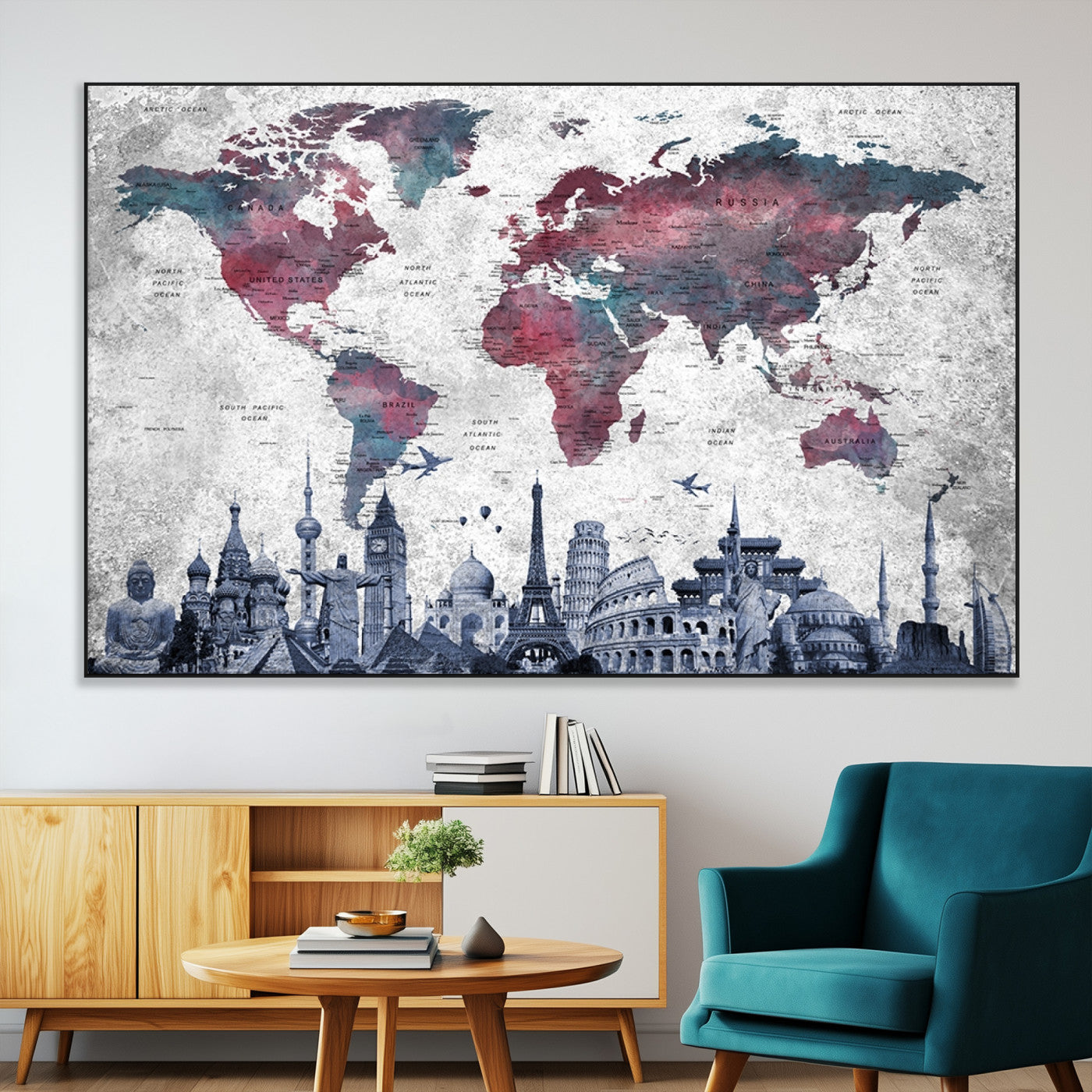SEG-FC-51X34_Oversize - Push Pin World Map Canvas Print – Framed Wall Art for Couples to Track Their Travels – Anniversary