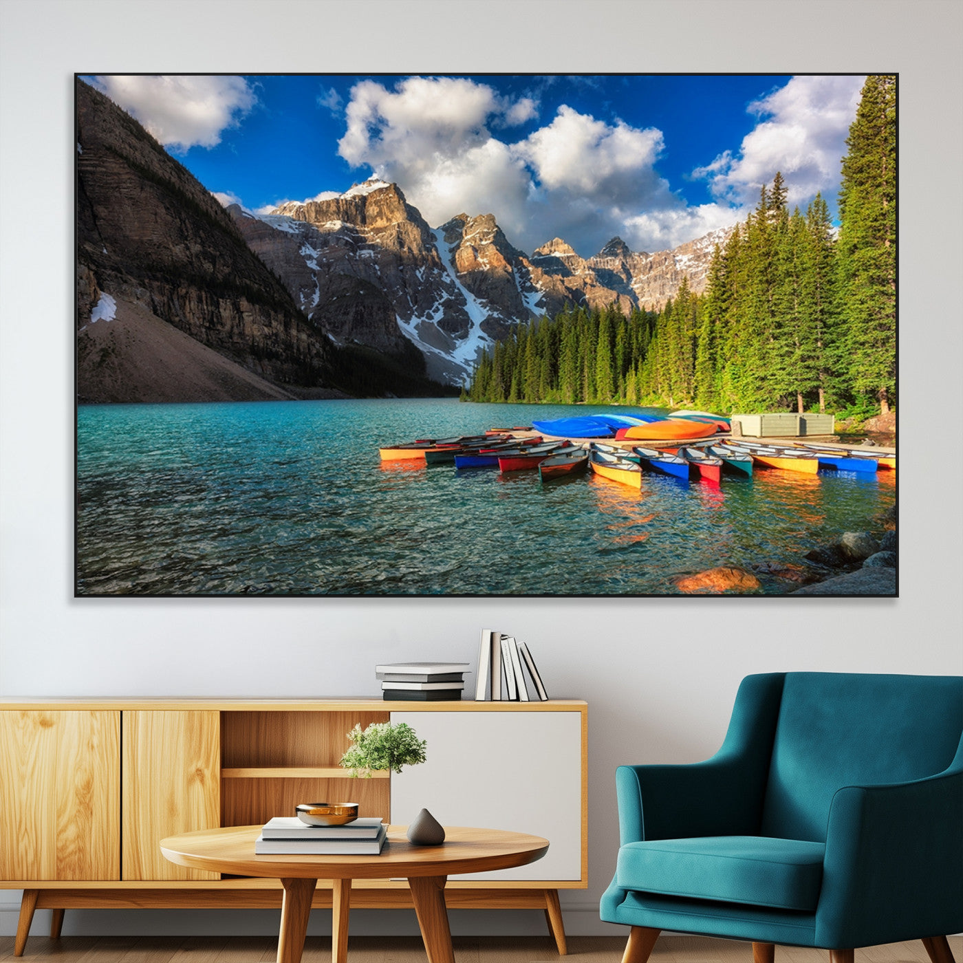 SEG-FC-51X34_Oversize - Moraine Lake 3-Panel Wall Art, Majestic Mountain and Lake Landscape Canvas Print Canoes on Moraine