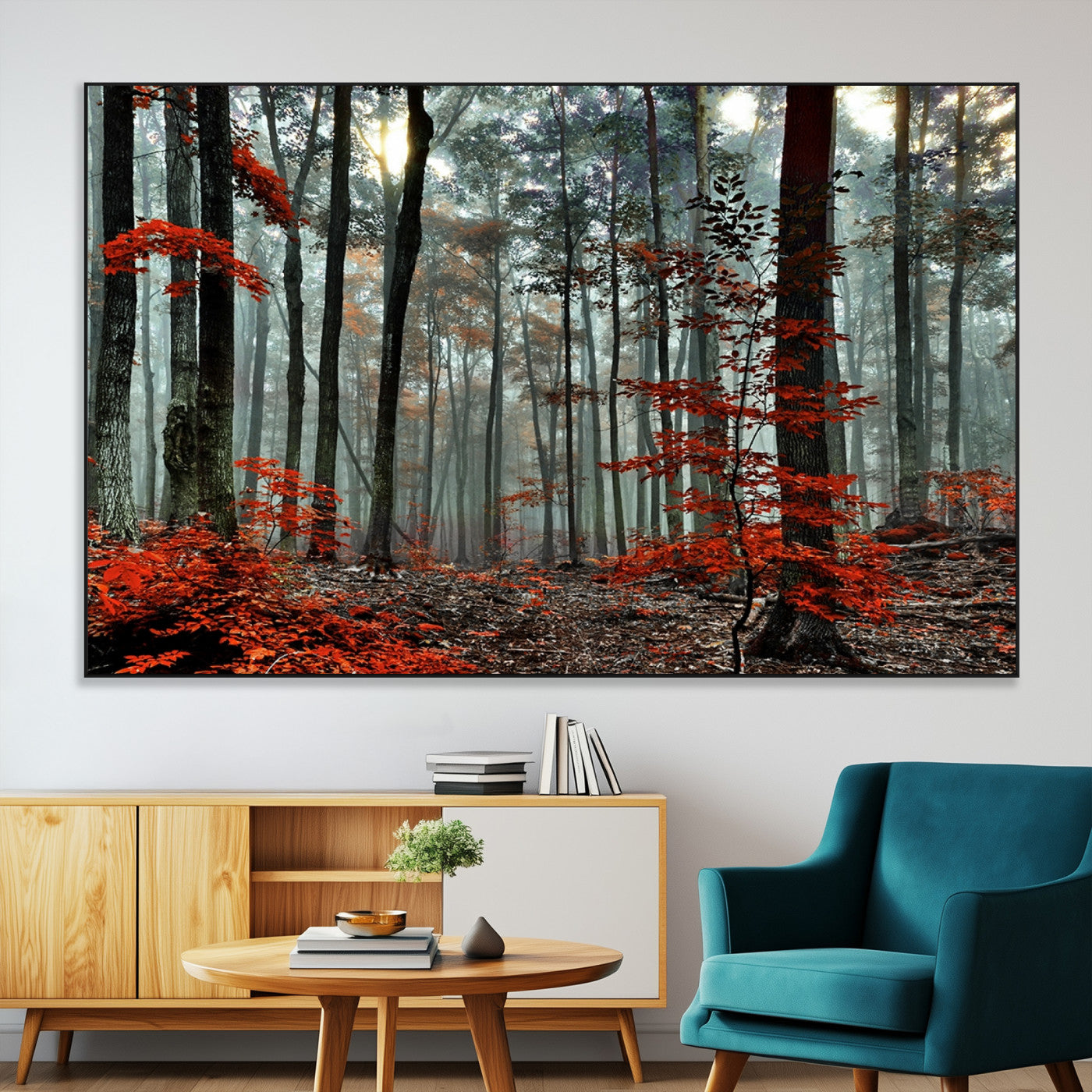 SEG-FC-51X34_Oversize - Autumn Forest Canvas Wall Art – Enchanting Red Leaves Triptych Print – Nature-Inspired Decor for