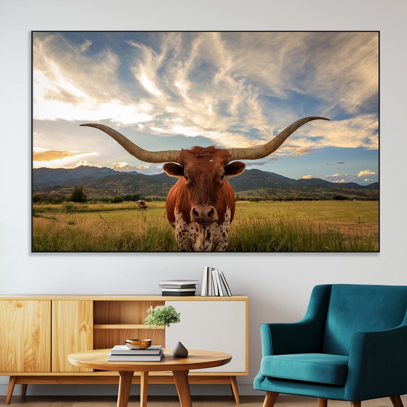 SEG-FC-51X34_Oversize - Texas Longhorn Canvas Wall Art – Majestic Triptych Animal Print – Rustic Western Decor for Living