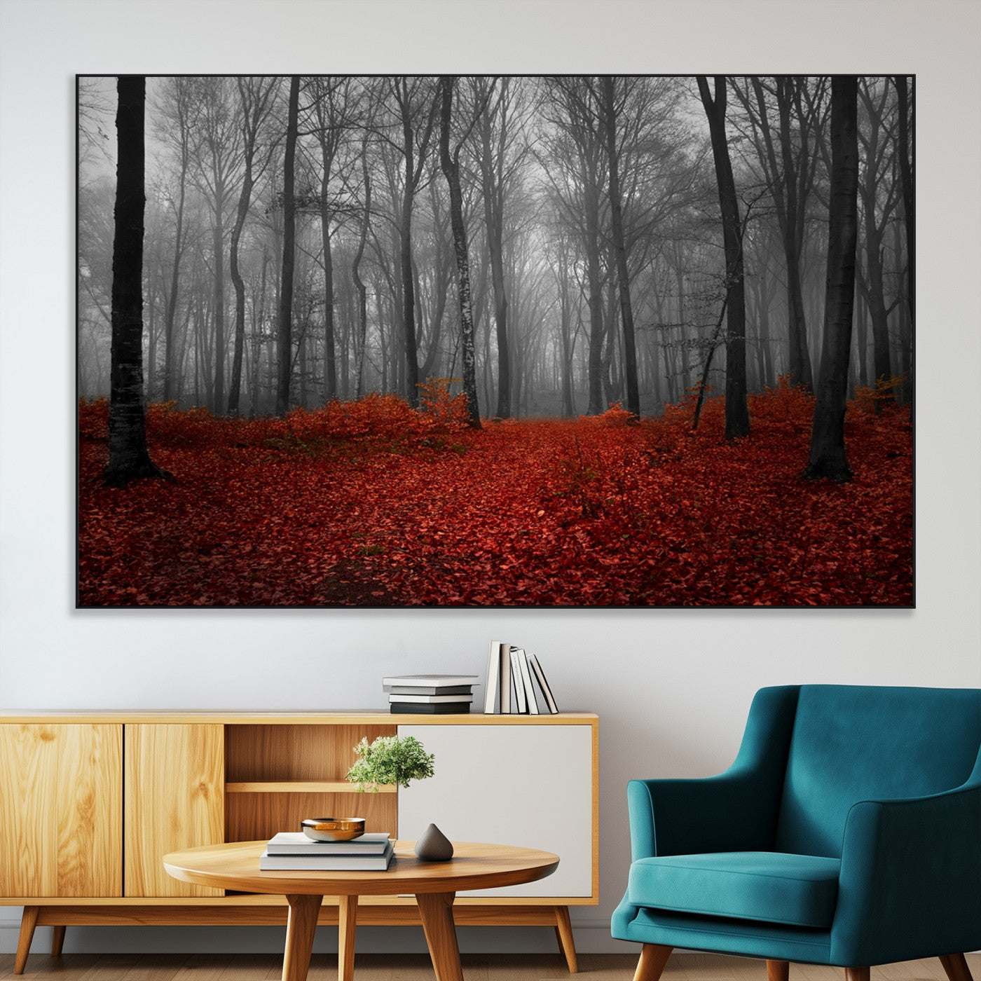 -Red Forest Floor Canvas Wall Art – Mystical Foggy Woodland Triptych – Nature-Inspired Decor for