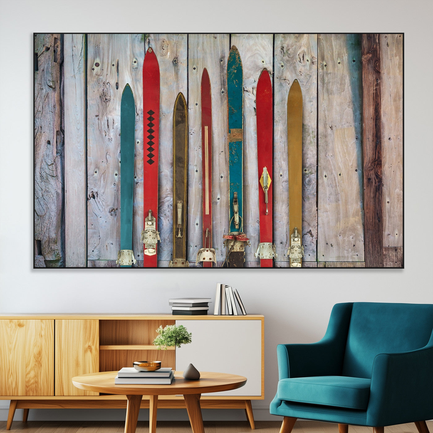 SEG-FC-51X34_Oversize - Vintage Wooden Weathered Ski's in Front of an Old Barn Wall Art Canvas Print for Farmhouse, Cabin