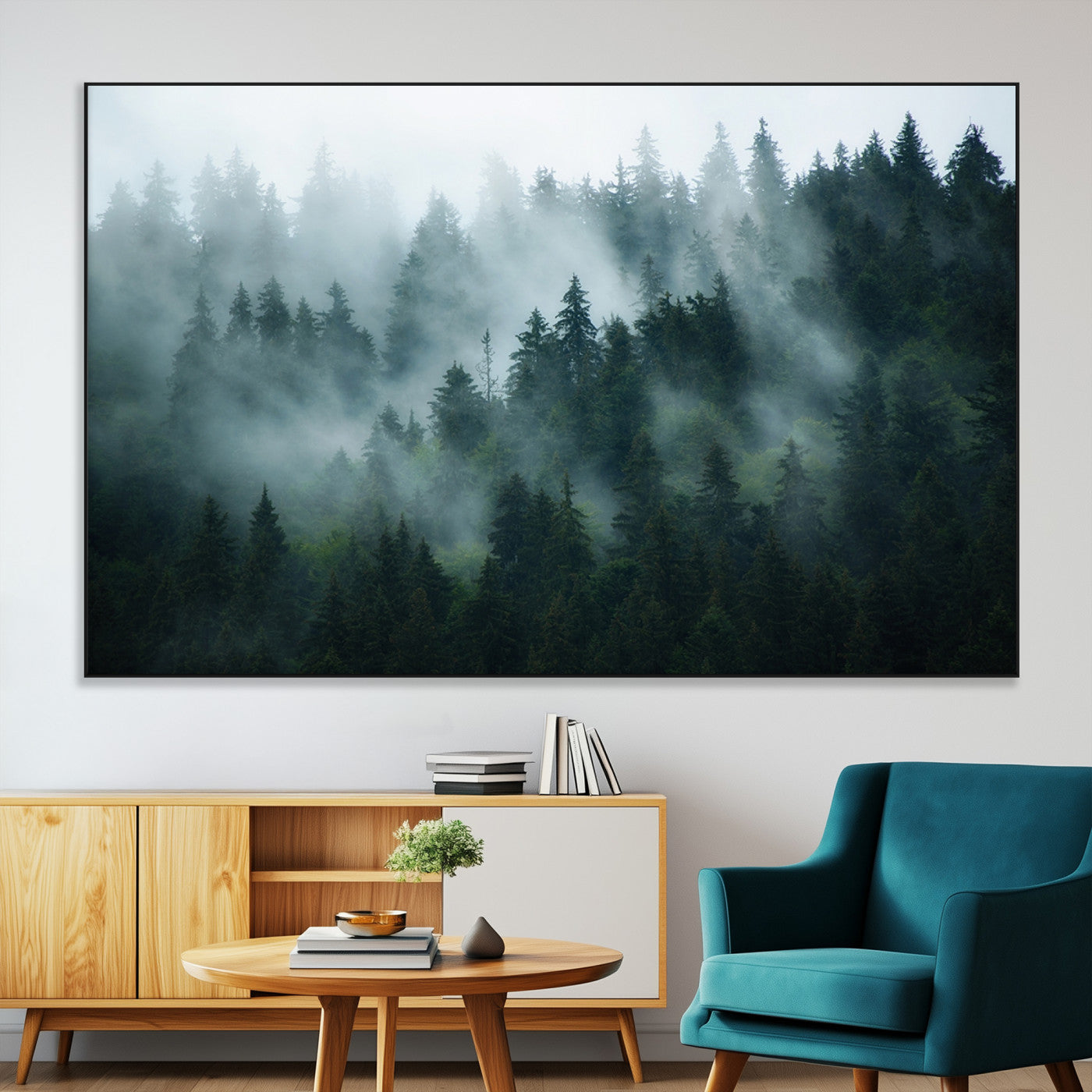 SEG-FC-51X34_Oversize - Foggy Forest 3-Panel Canvas Wall Art | Large Giclée Nature Scene Print for Living Room, Office, or