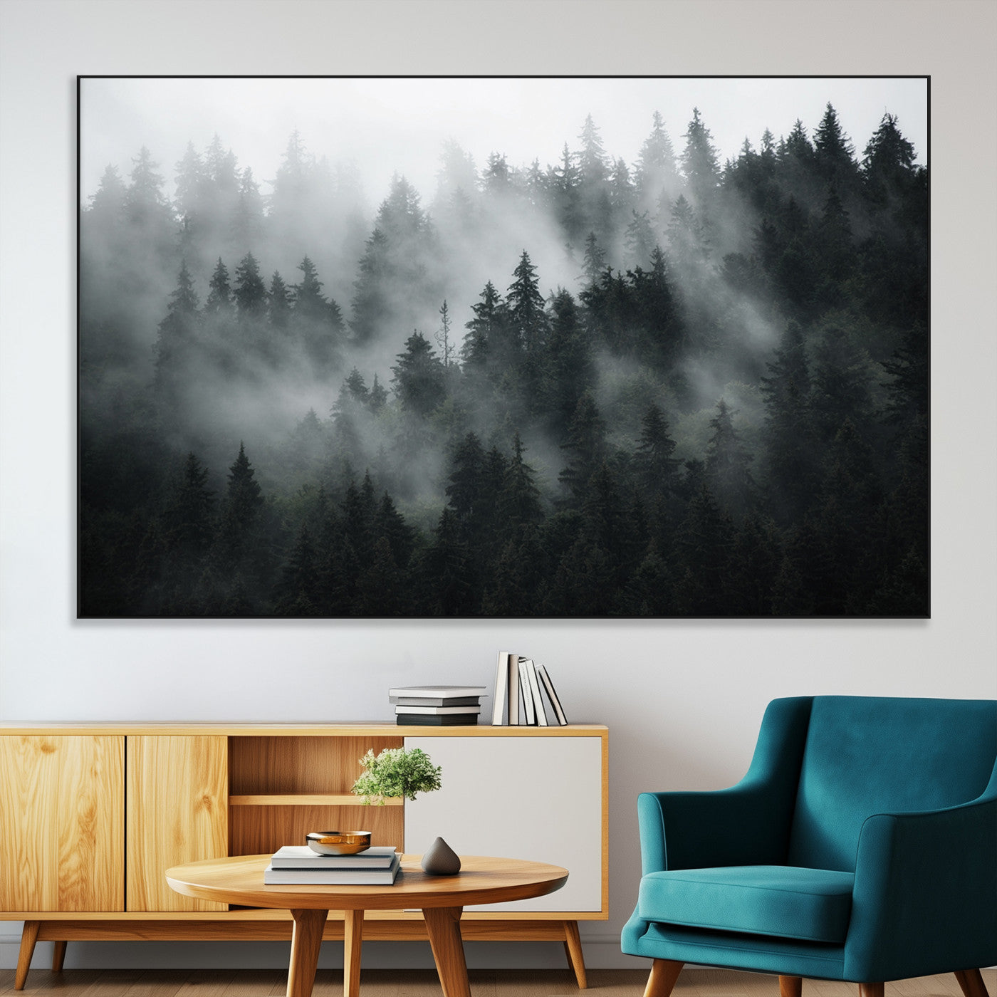 SEG-FC-51X34_Oversize - Foggy Forest Wall Art Canvas Print | 3 Panel Large Misty Landscape for Dining Room, Office, or