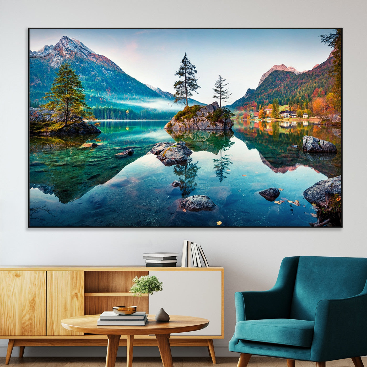 -Crystal Clear Lake Wall Art | Mountains Wall Art Canvas | 3 Panel Large Landscape Print for Dining
