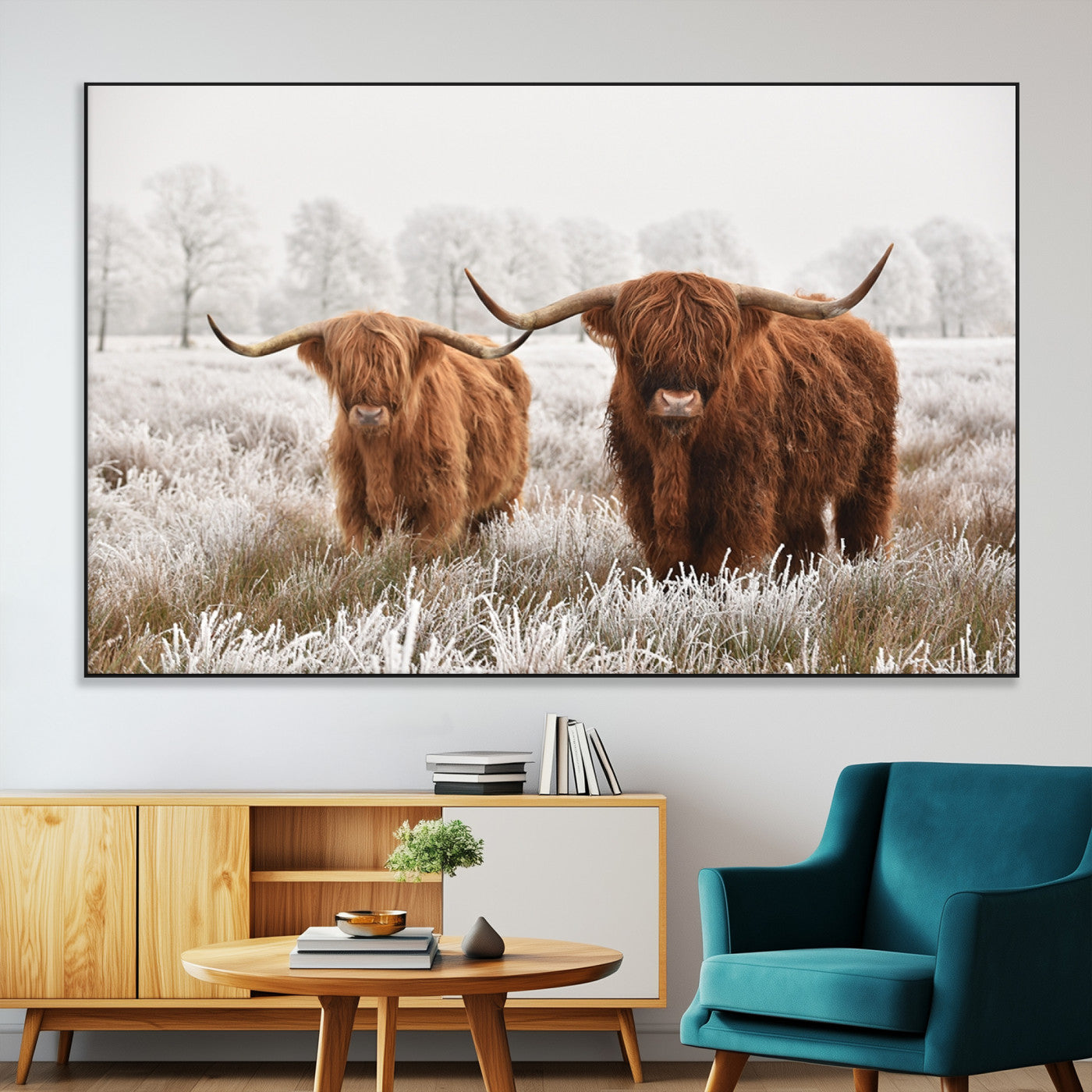 SEG-FC-51X34_Oversize - Longhorn Cattle Wall Art Canvas Print, Framed Farmhouse Style Art Picture Print, Rustic Cow Perfect Rustic Farmhouse Decor Artwork