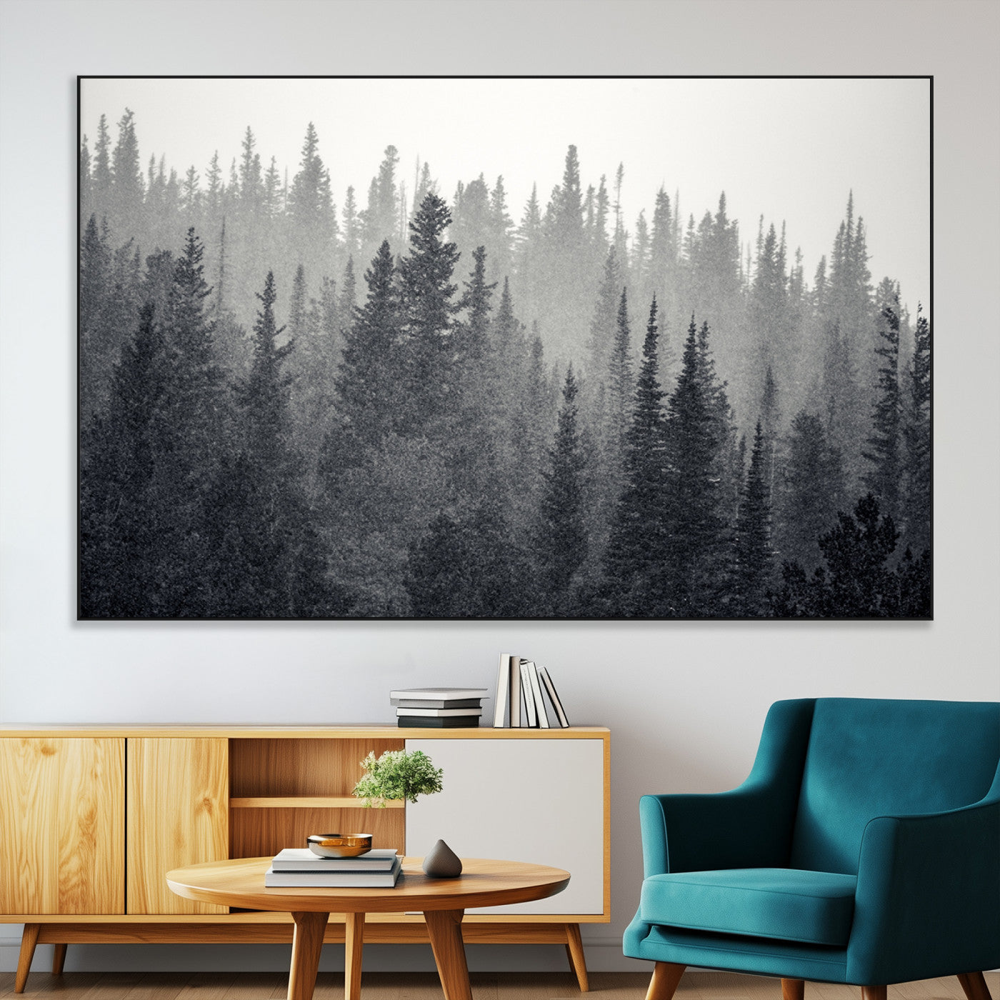 SEG-FC-51X34_Oversize - Misty Forest Canvas Wall Art – Monochrome Triptych Pine Tree Print – Nature-Inspired Home Decor –