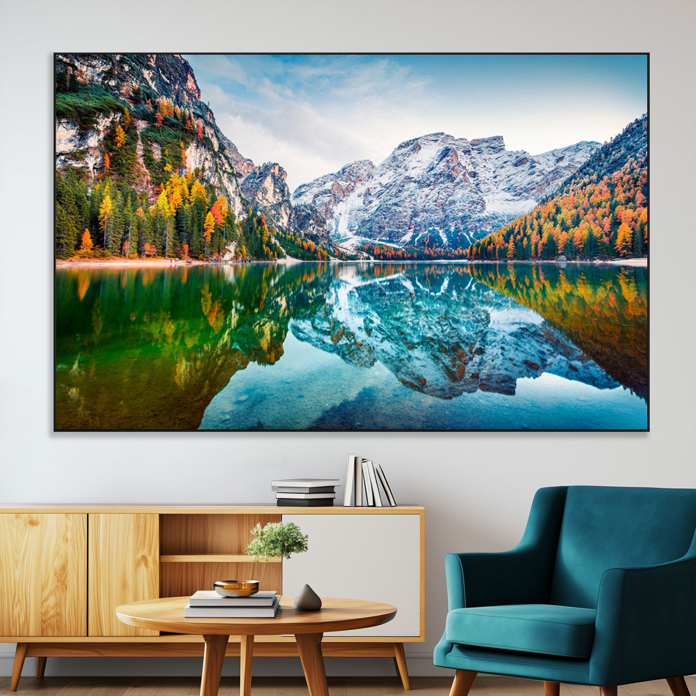 -Spectacular autumn view of Braies Lake Wall Art Canvas Print