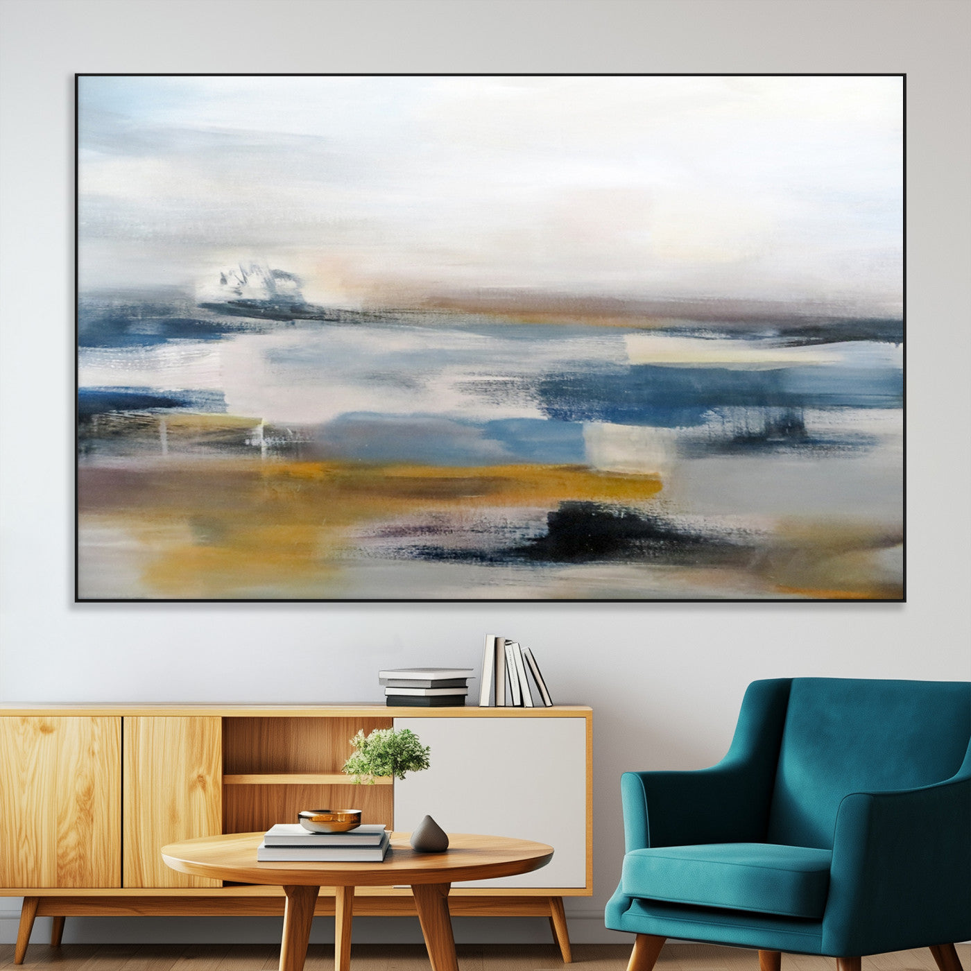 SEG-FC-51X34_Oversize - Abstract Landscape Wall Art Canvas | 3 Panel Modern Blue, Gold, and White Canvas Art for Living