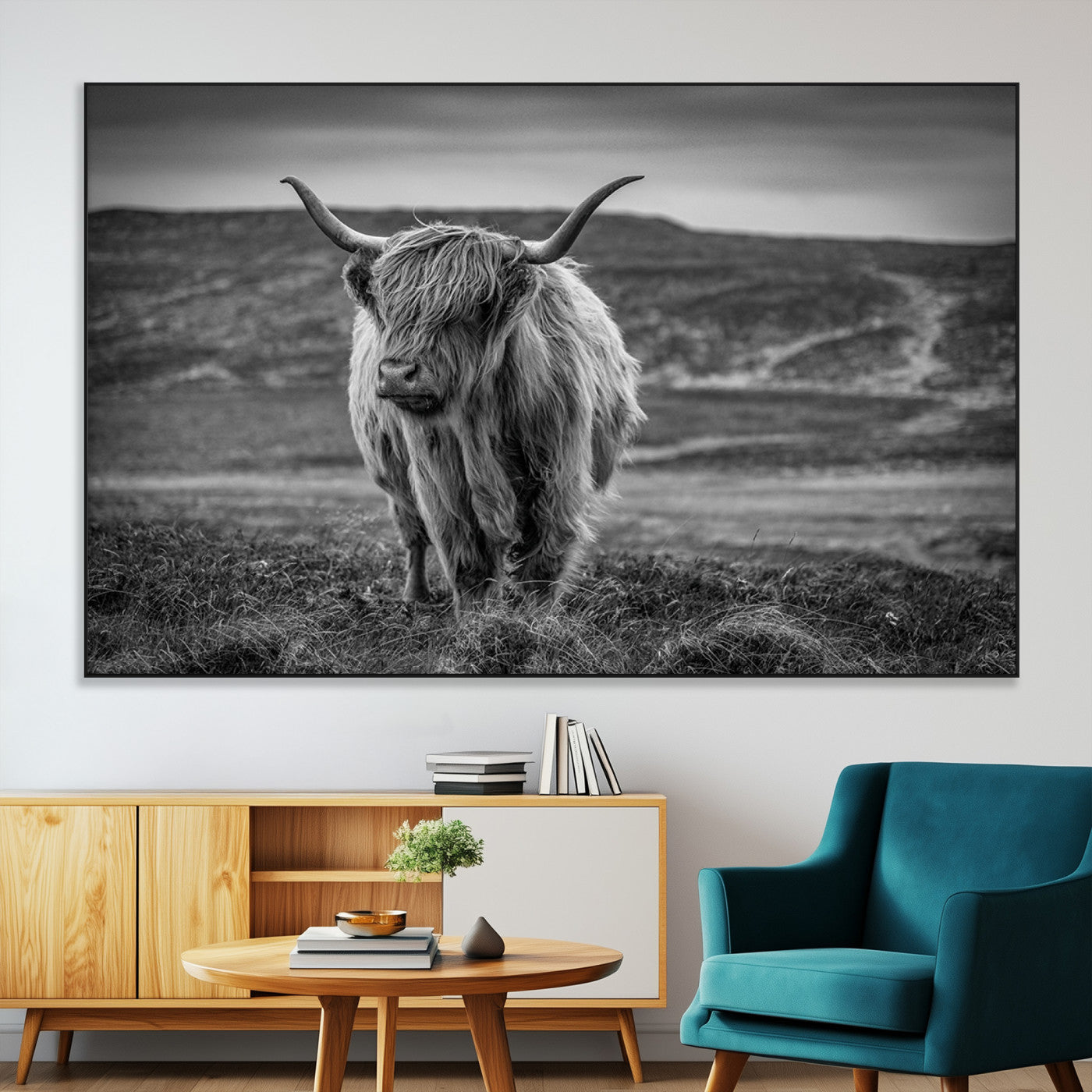 SEG-FC-51X34_Oversize - Fluffy Cattle Wall Art Print, Highland Cow Canvas, Framed Black and white Wall Art