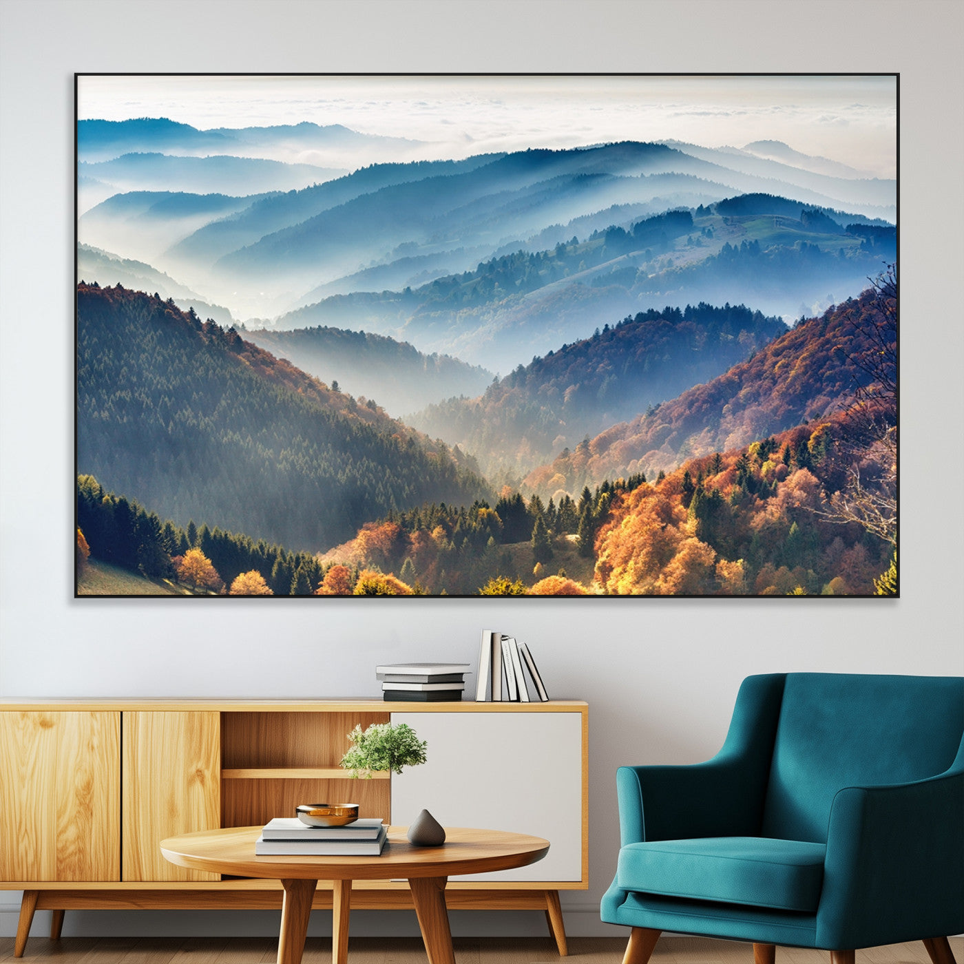 SEG-FC-51X34_Oversize - Misty Mountain Sunrise Triptych Canvas Print – Autumn Landscape Wall Art – Scenic Nature Decor –