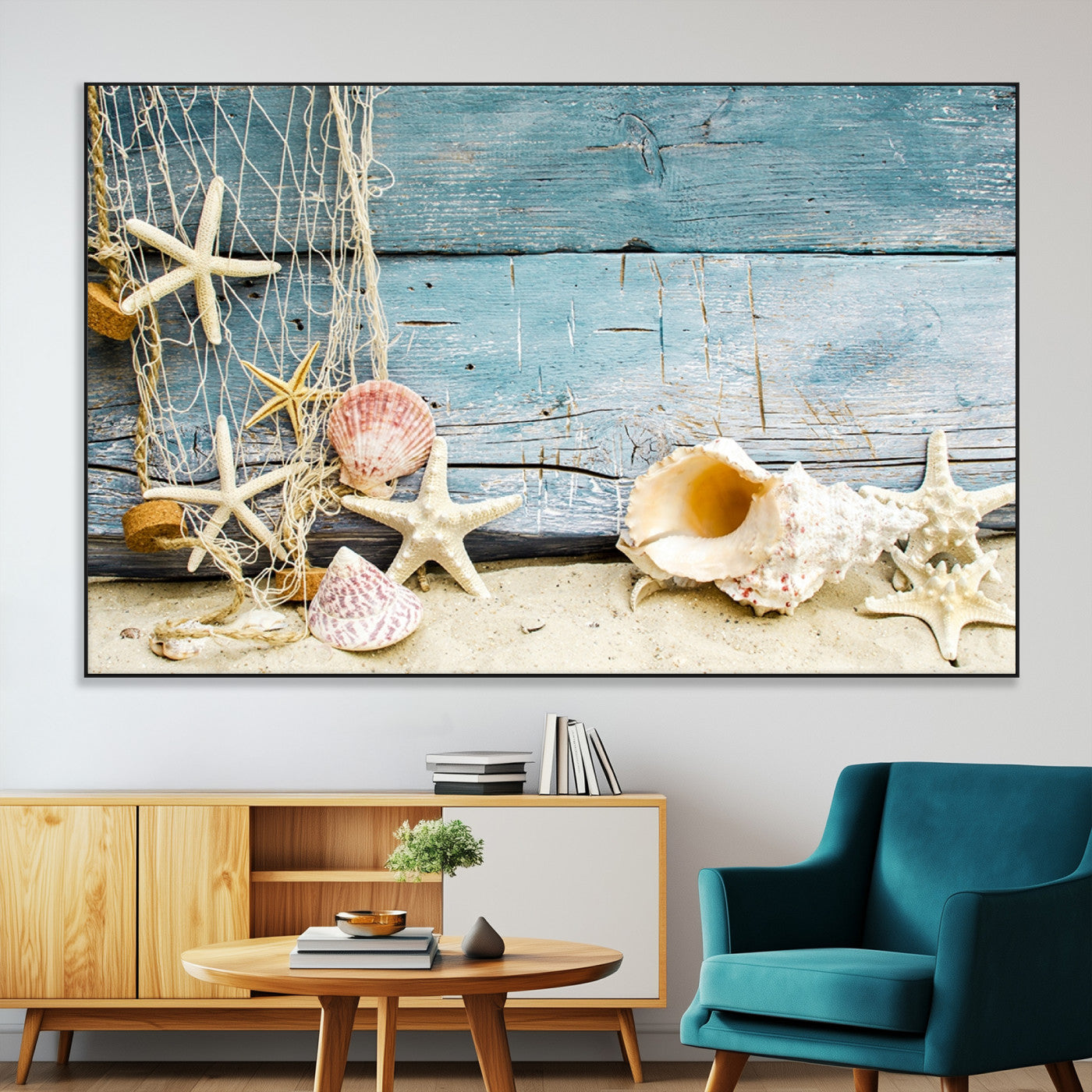 SEG-FC-51X34_Oversize - Seashells on Rustic Wooden Background, Seashells Wall Art Canvas Print