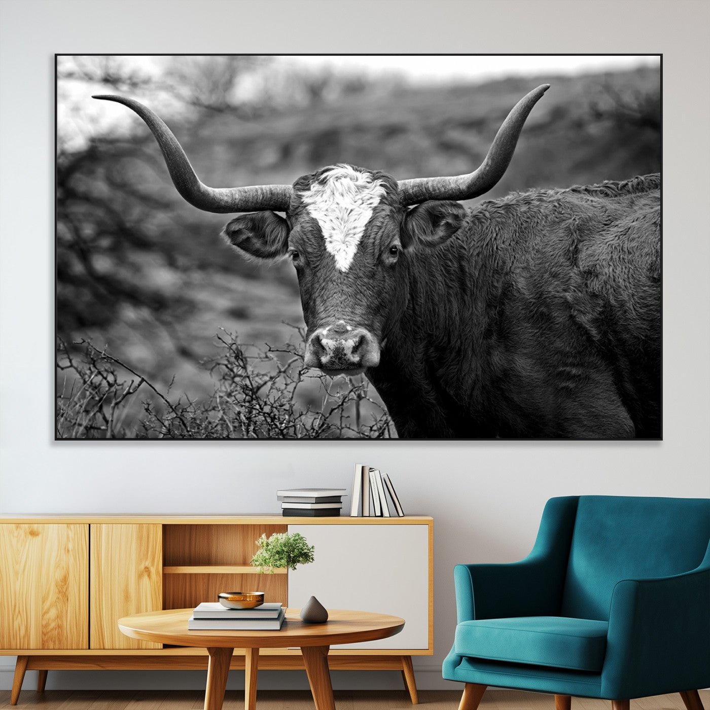 SEG-FC-51X34_Oversize - Western Home Wall Art Canvas Print, Framed Texas Longhorn Art Picture Print, Rustic Cow Perfect Rustic Farmhouse Decor Artwork
