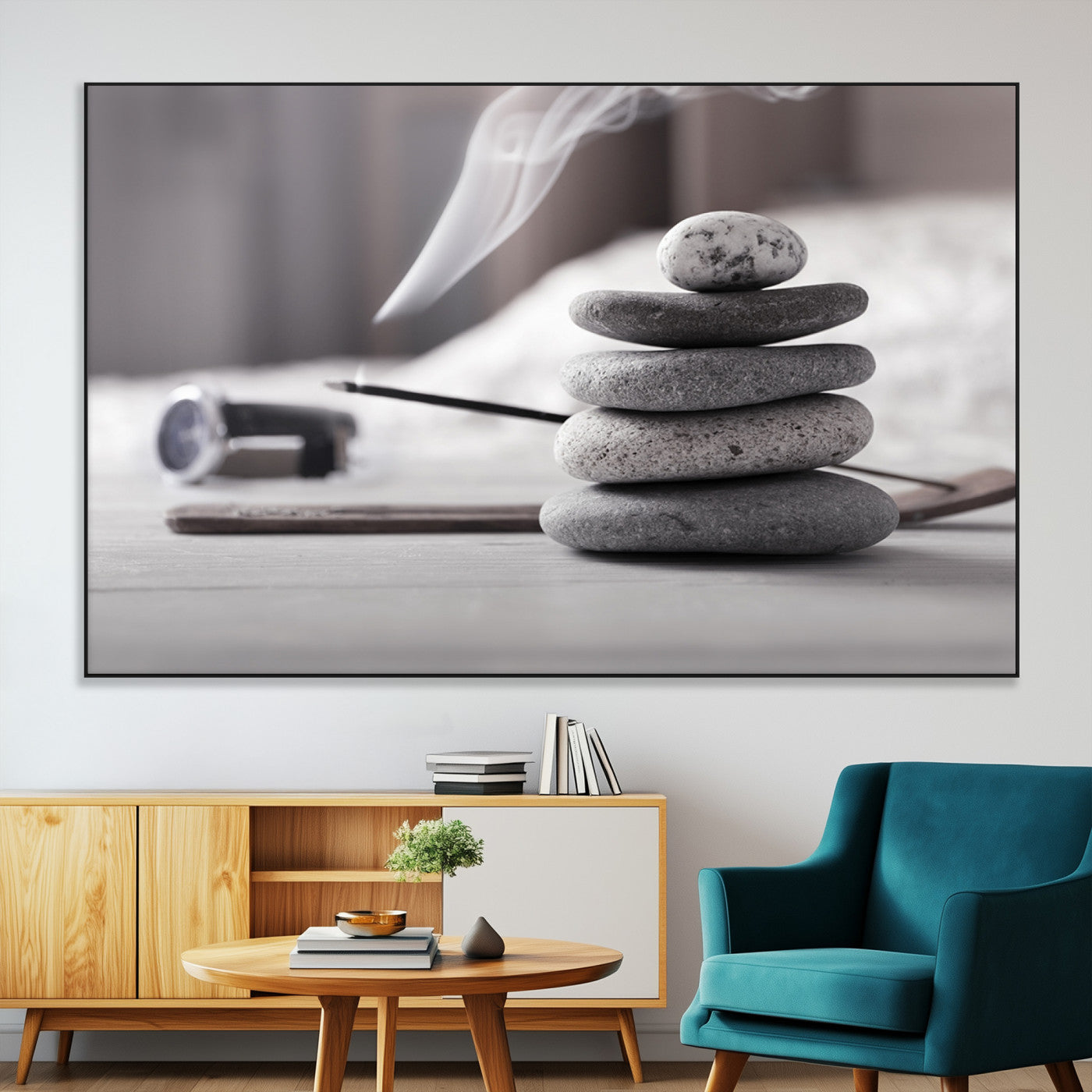 SEG-FC-51X34_Oversize - Burning Incense and Zen Stones Buddhism Wall Art, Zen Stones Wall Art Canvas Print