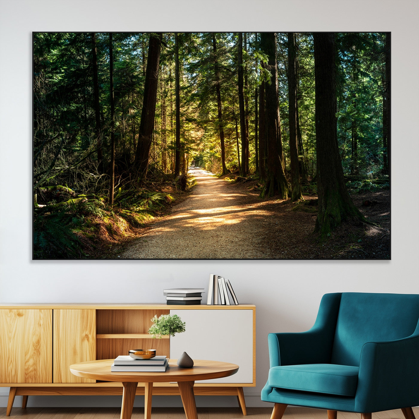SEG-FC-51X34_Oversize - Sunlit Forest Pathway Canvas Print | 3 Panel Large Nature Wall Art for Living Room, Office, or