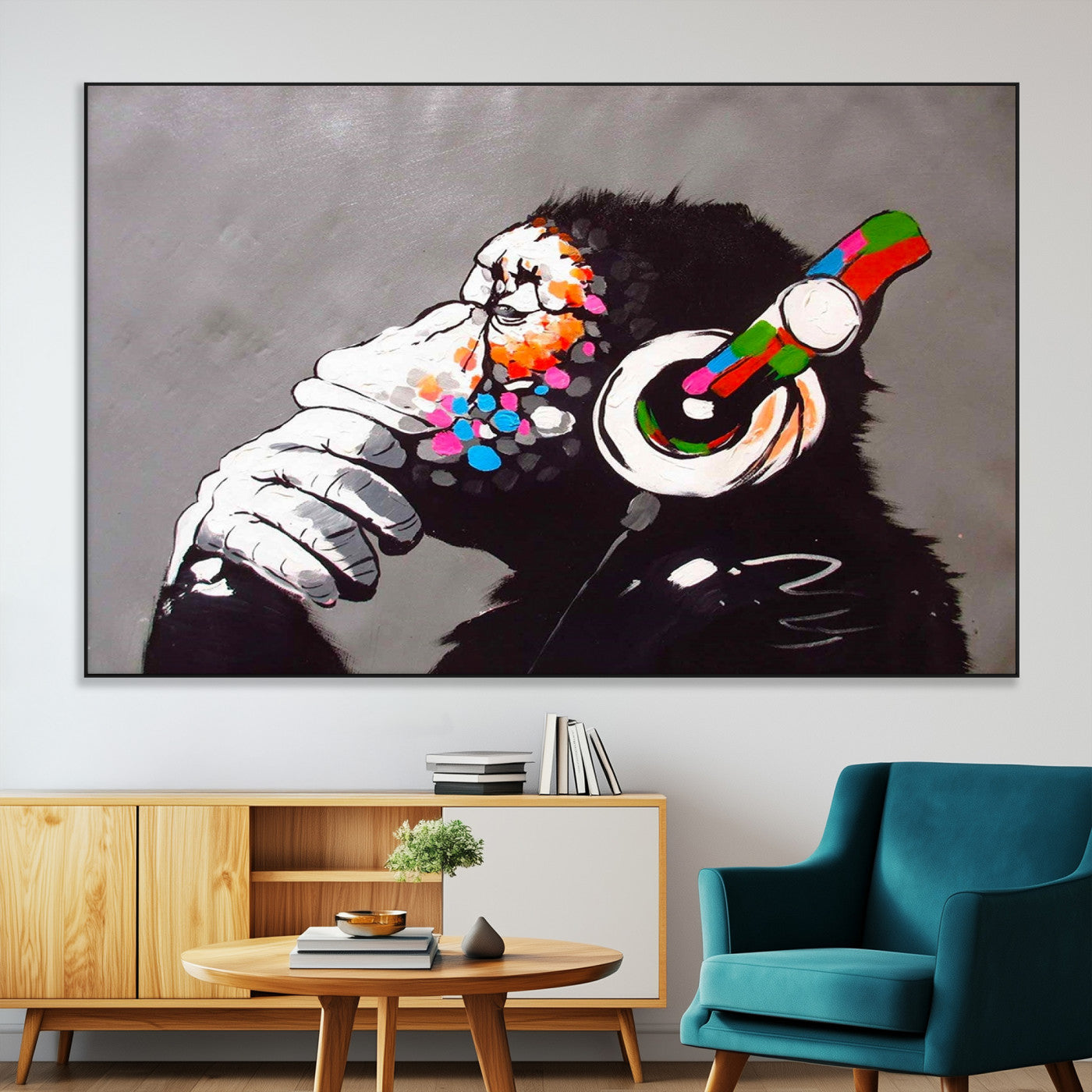 SEG-FC-51X34_Oversize - Dj Monkey Listening to Music Wall Art Print | Banksy Monkey Large Canvas Print for Living Room,
