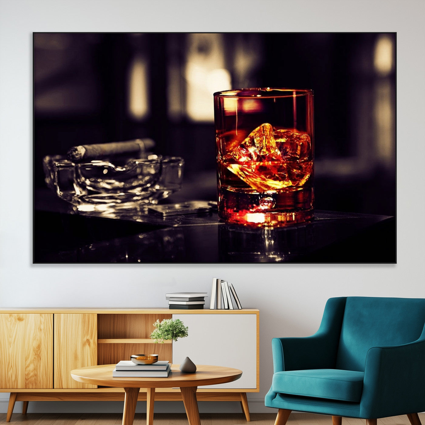 SEG-FC-51X34_Oversize - Whiskey and Cigar Canvas – Luxurious Wall Art for Home or Bar – Glass and Cigar Scene Print Canvas