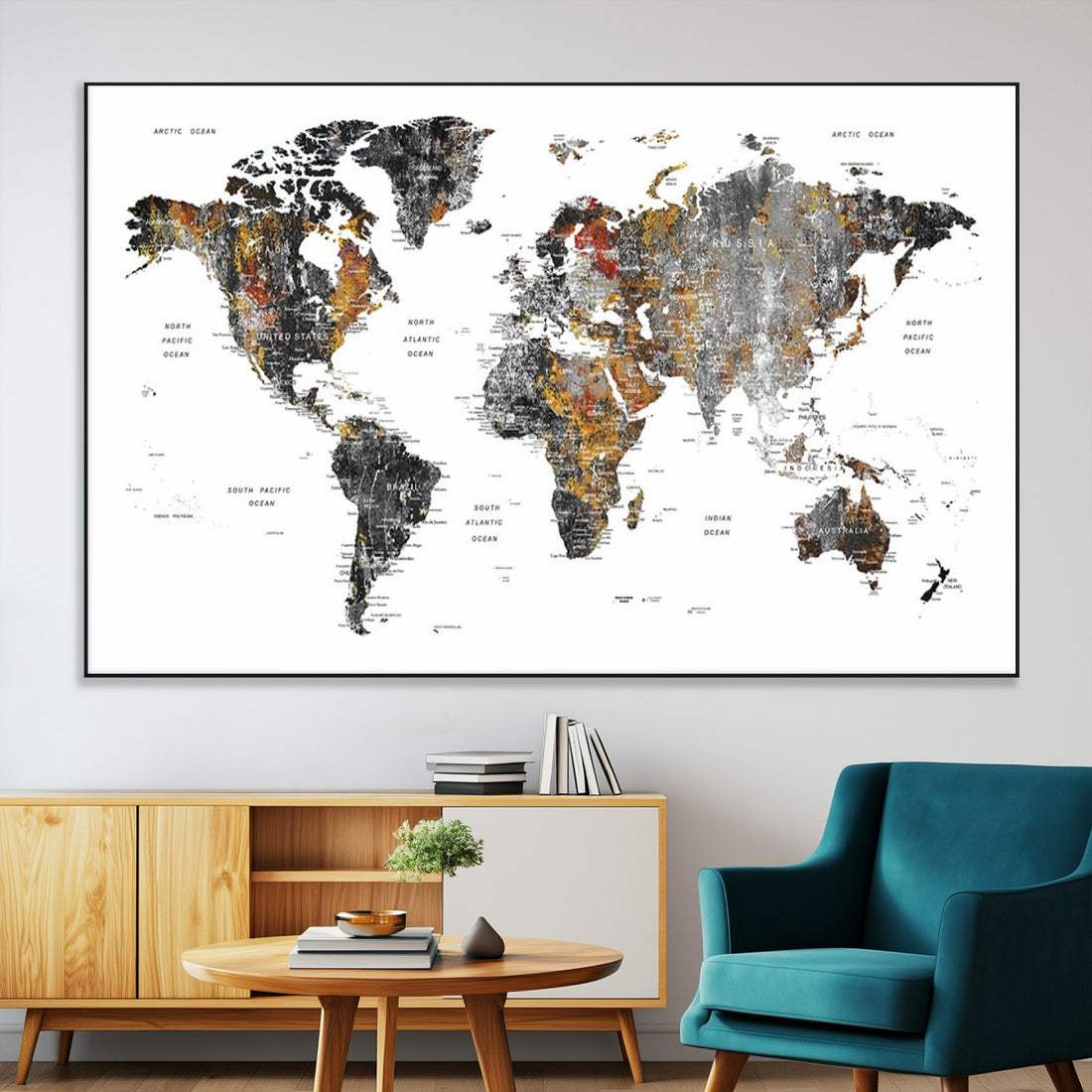 Modern Metallic World Map Canvas Wall Art | Framed Contemporary World Map Print