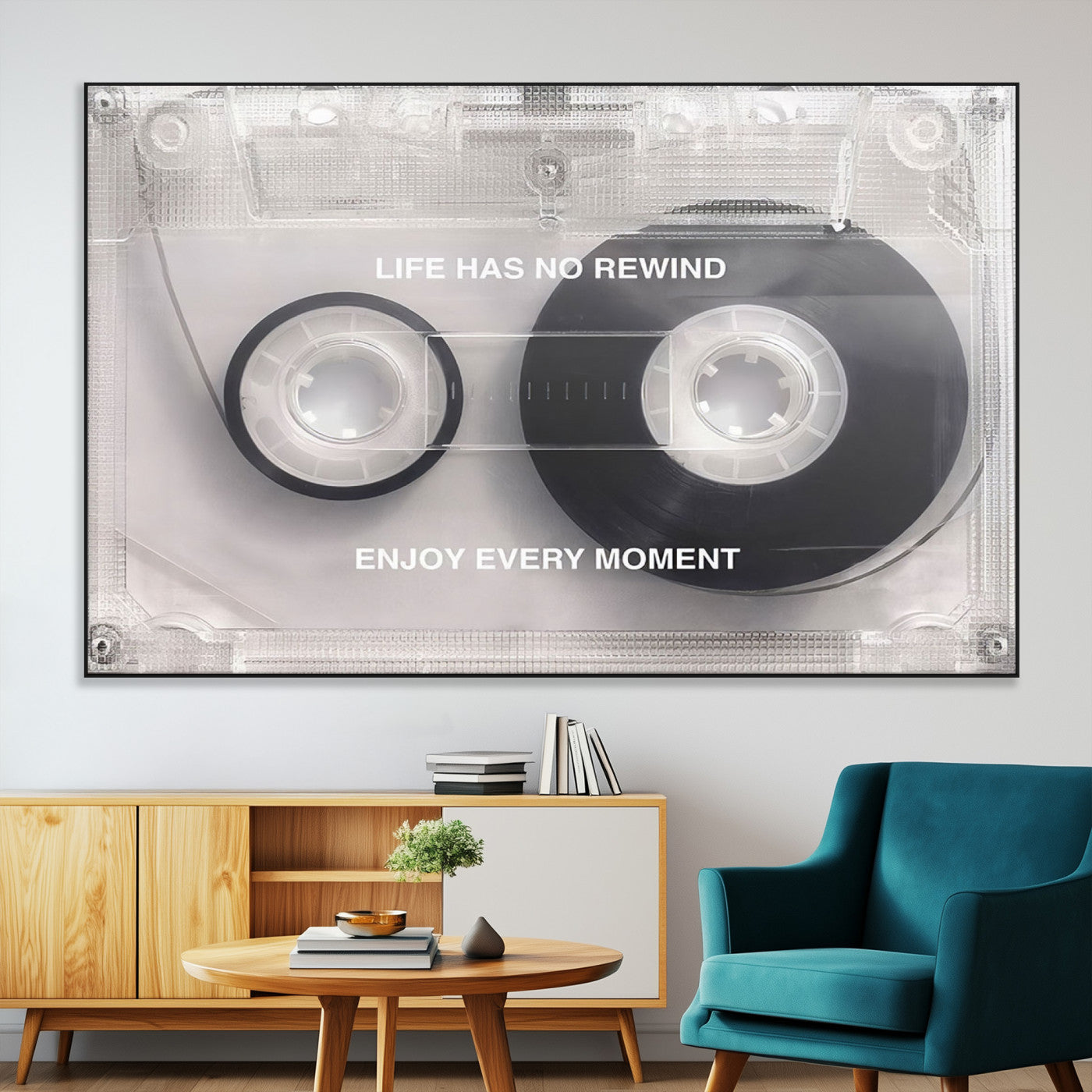 SEG-FC-51X34_Oversize - Vintage Cassette Tape Canvas Wall Art - Inspirational 'Life Has No Rewind' Quote, Retro Music Decor