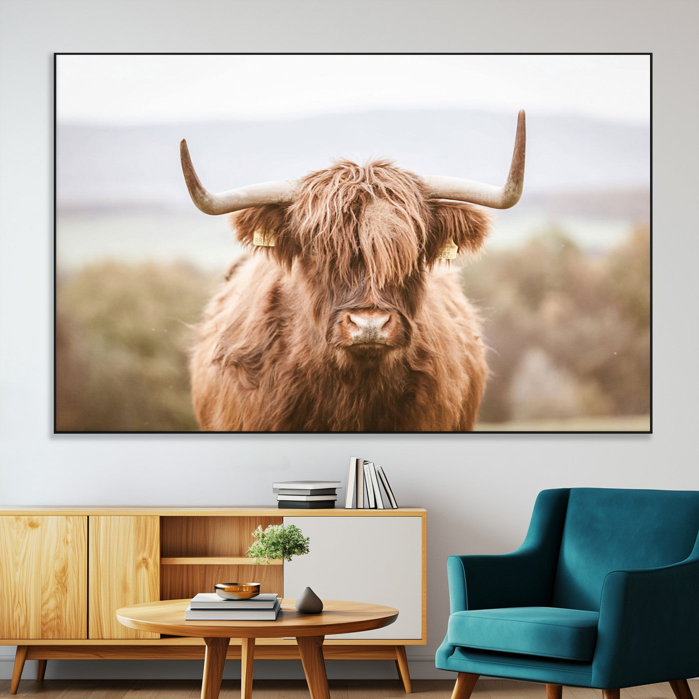 SEG-FC-51X34_Oversize - Scottish Serene Highland Cow Canvas Wall Art – Serene Highland Cow in Natural Pastel Tones – Ready