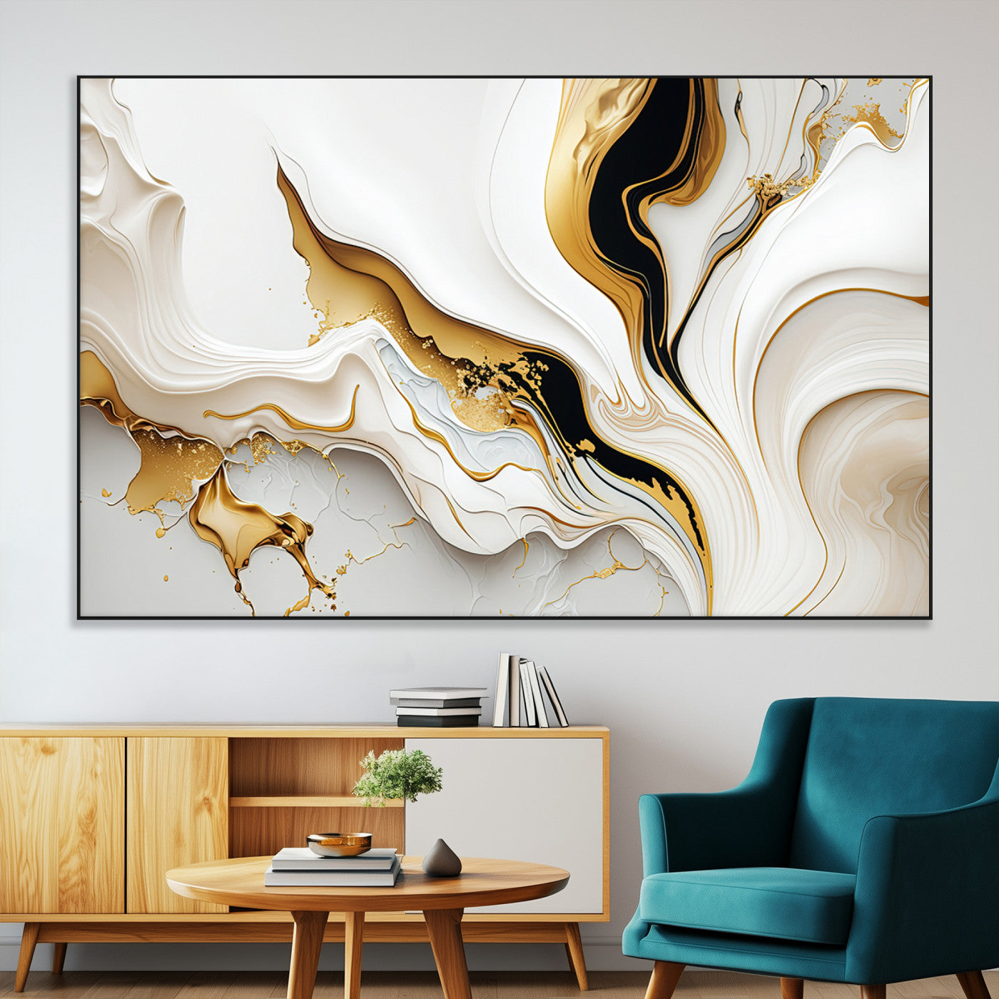 -Gold Waves on Pure White Canvas – Gold Abstract Art for Modern Interiors | Wall Art Canvas, Framed &