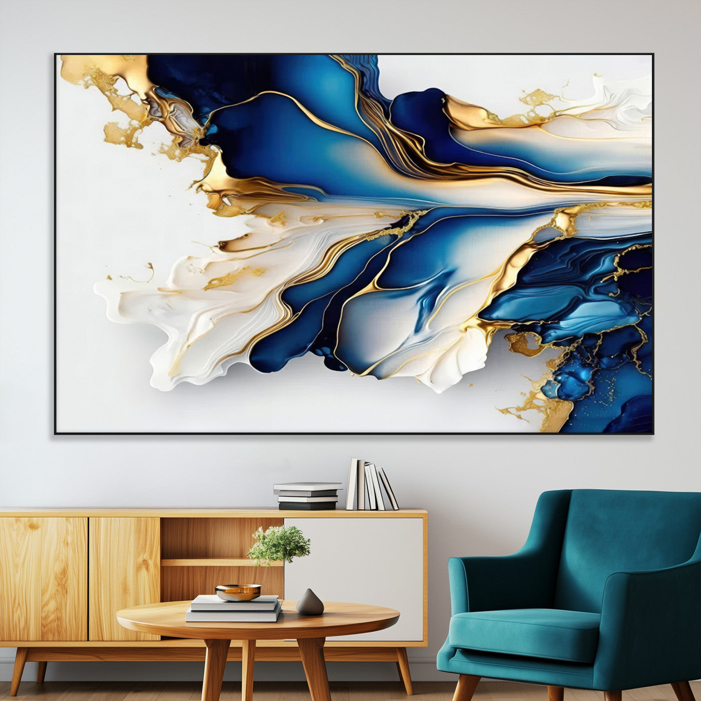 SEG-FC-51X34_Oversize - Gold Marble Art - Abstract Geode Gold And Blue Marble Shape 3 Pieces Wall Art Canvas Print