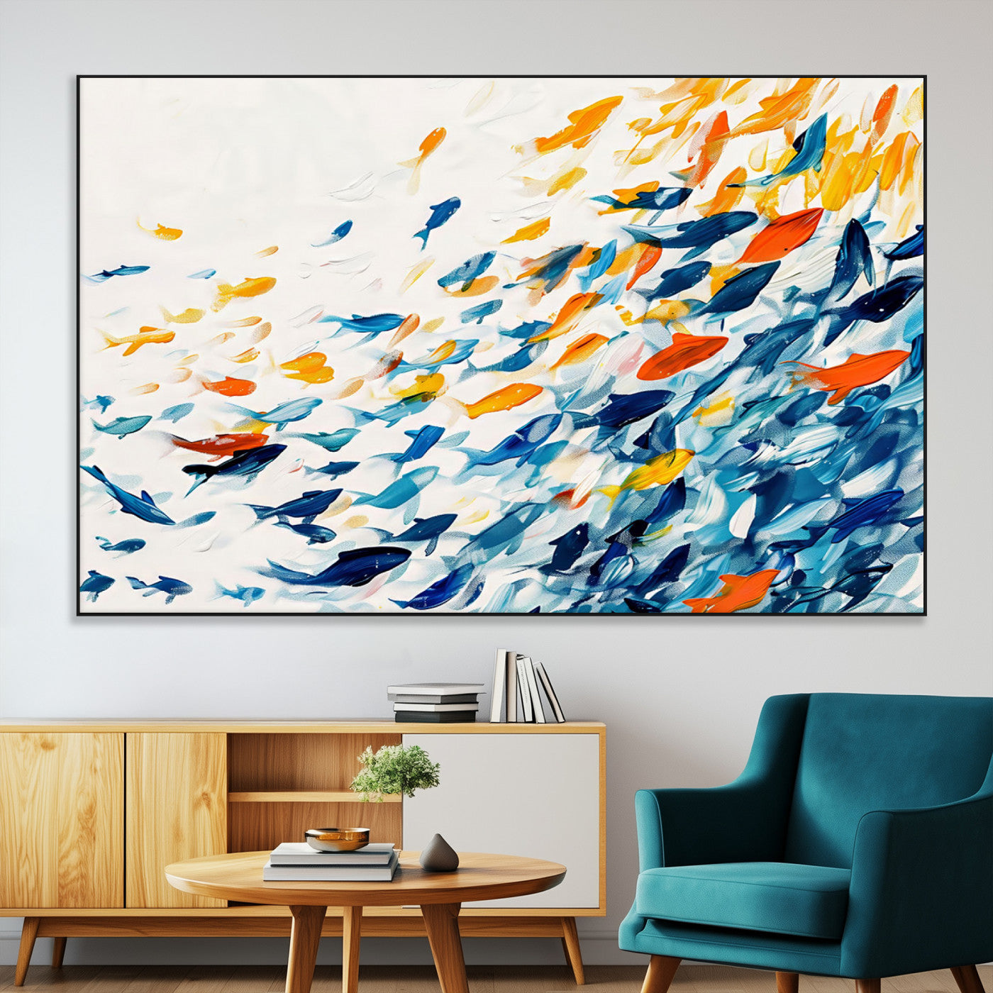 SEG-FC-51X34_Oversize - Abstract Fish Shoal Wall Art Canvas Print, Colorful Fish Herd Painting on Canvas Print, Ocean Animal