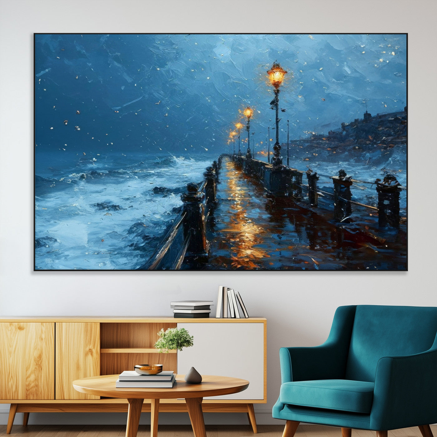 SEG-FC-51X34_Oversize - Stormy Night at Beach Pier Oil Painting Large Wall Art Print, Framed Canvas Nature Wall Decor,