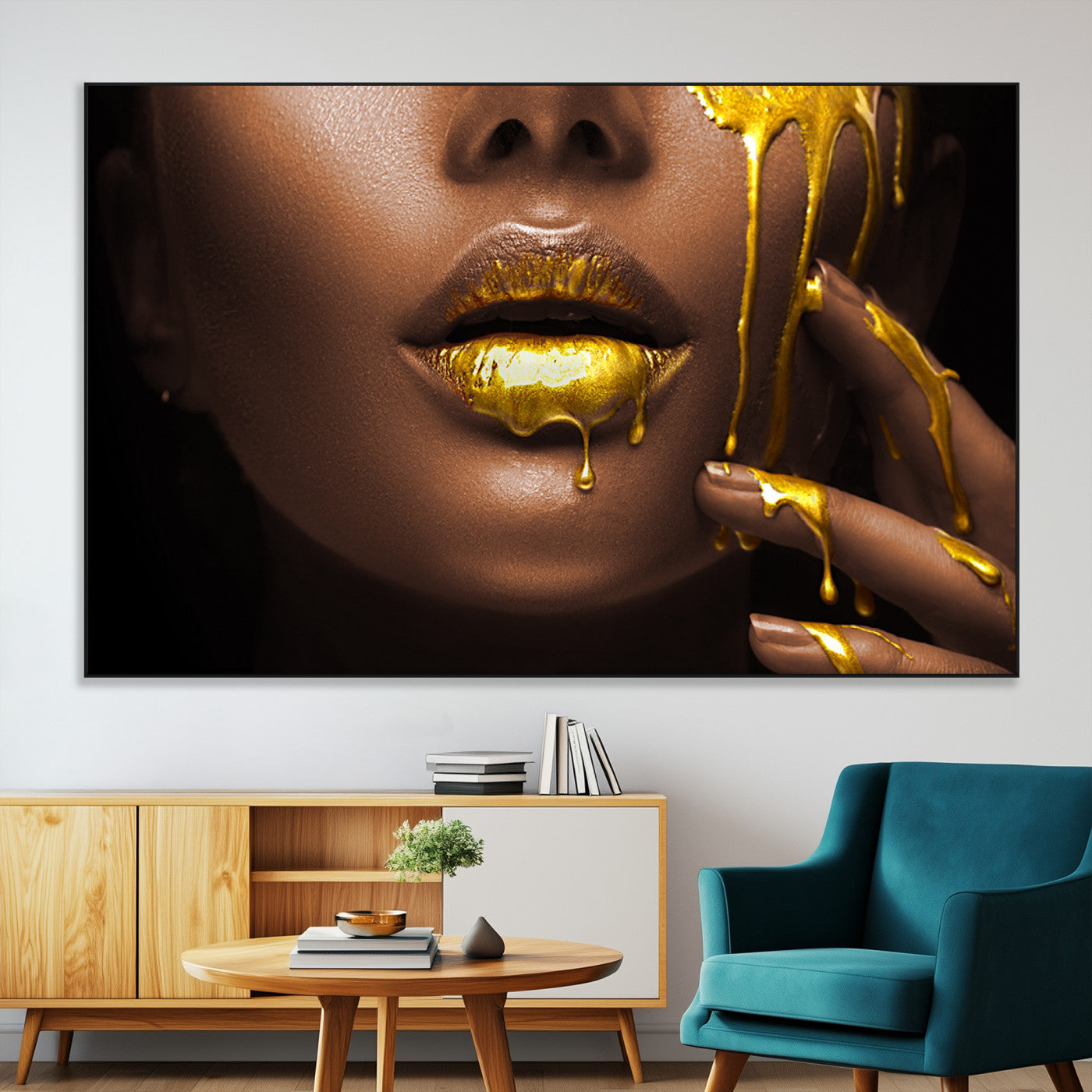 SEG-FC-51X34_Oversize - African American Art Black Woman Canvas Print, African Wall Art, Fashion African Woman Gold Lips