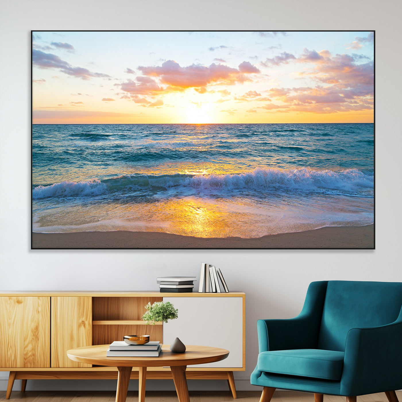 SEG-FC-51X34_Oversize - Golden Sunset Over Ocean Waves - Serene Coastal Triptych Wall Art for Relaxing Home Decor, Ready to