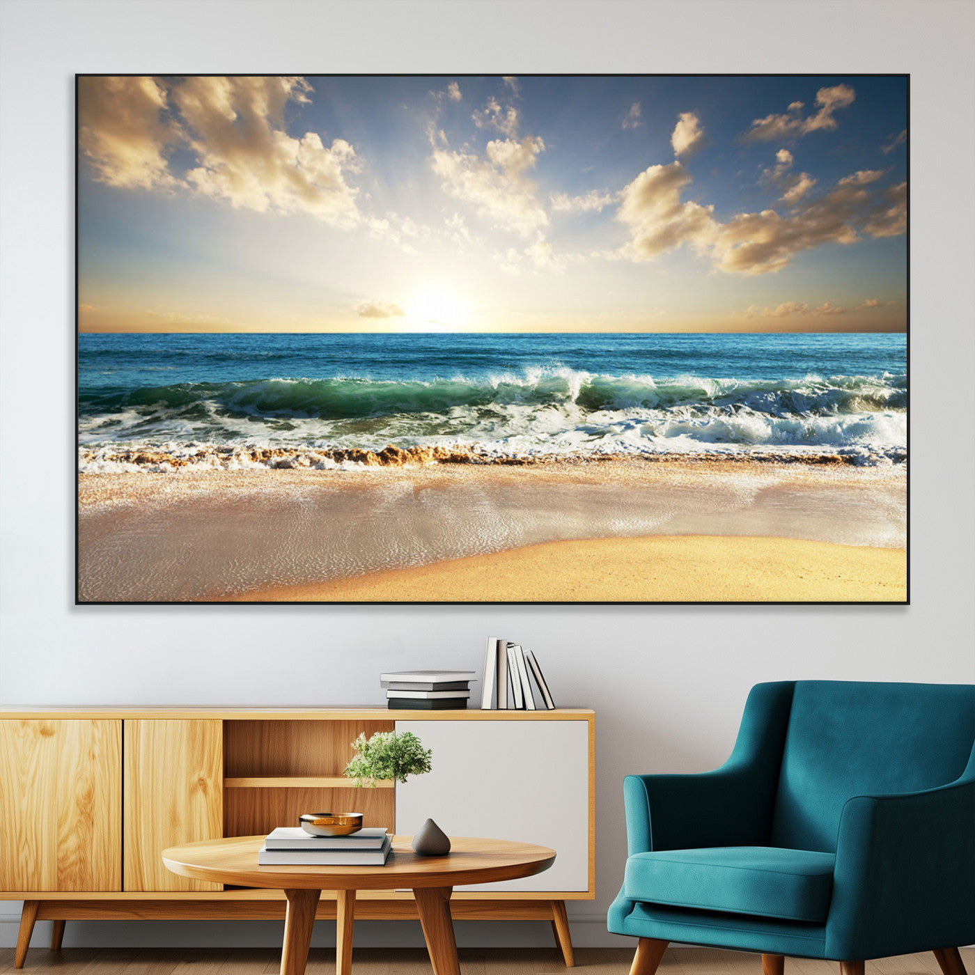 SEG-FC-51X34_Oversize - Golden Sunset Beach Triptych Canvas Wall Art for Living Room – 3-Panel Ocean View, Framed & Ready to