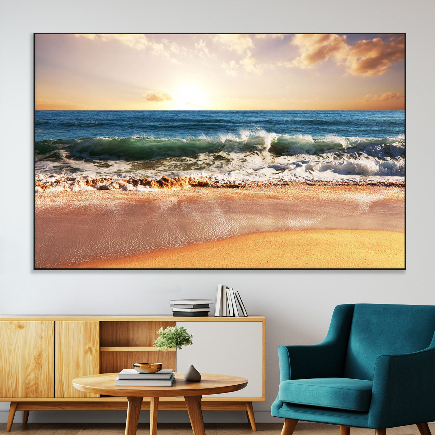 SEG-FC-51X34_Oversize - Sunset Beach Wall Art - 3-Panel Framed Canvas Print, Ready to Hang Ocean Sunset for Coastal and