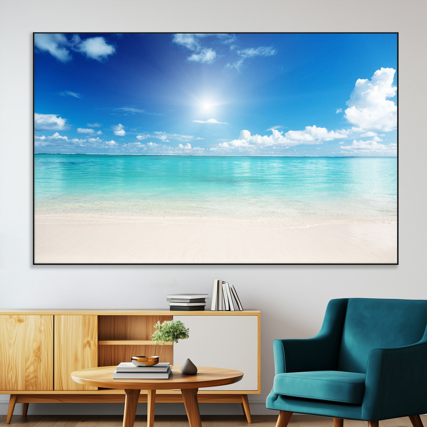 SEG-FC-51X34_Oversize - Blue Ocean Wall Art Canvas Print - Tranquil Ocean Paradise Triptych Wall Art - Ready to Hang Beach