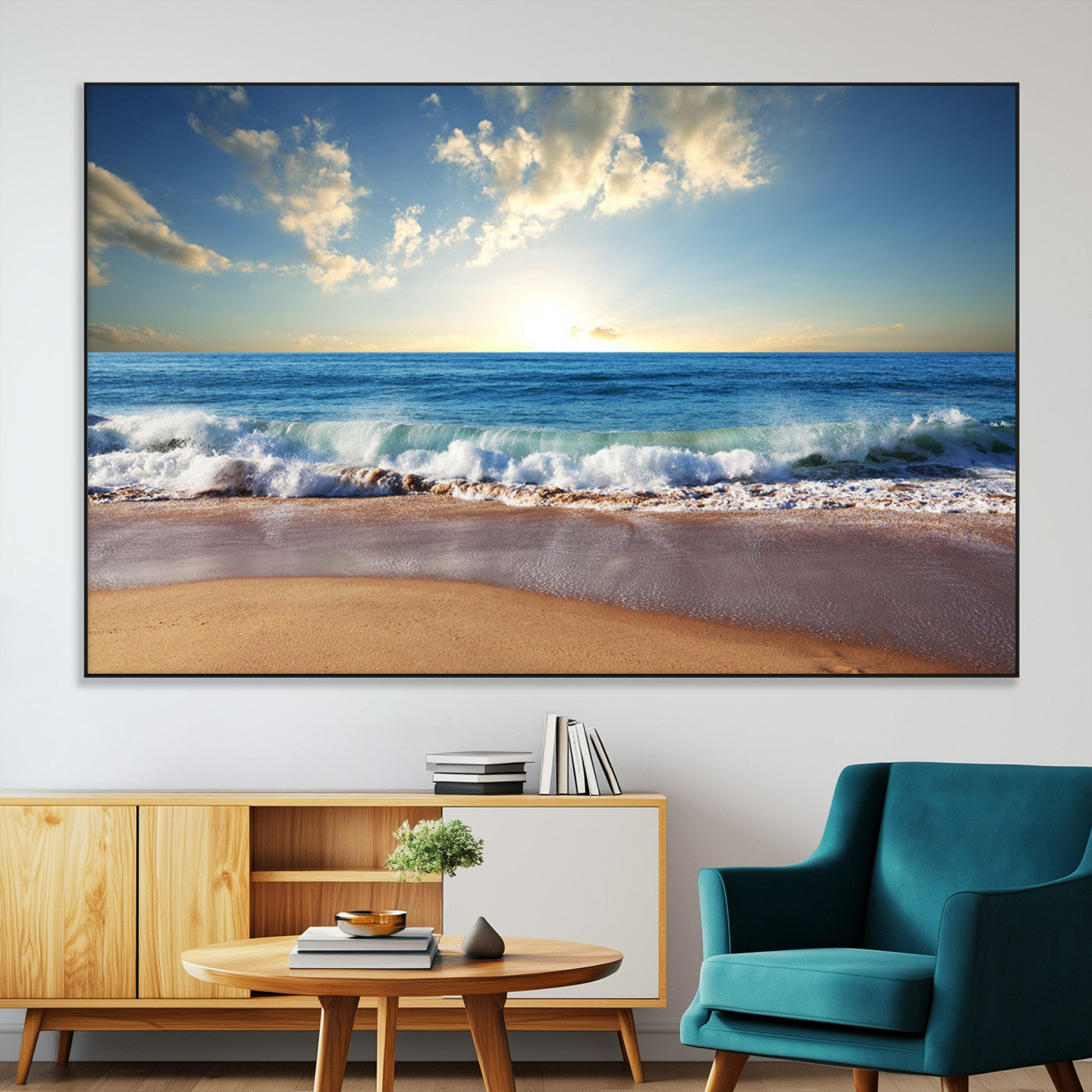 SEG-FC-51X34_Oversize - Serene Ocean Sunset Canvas Wall Art - Beach Waves at Sunset, Ready to Hang