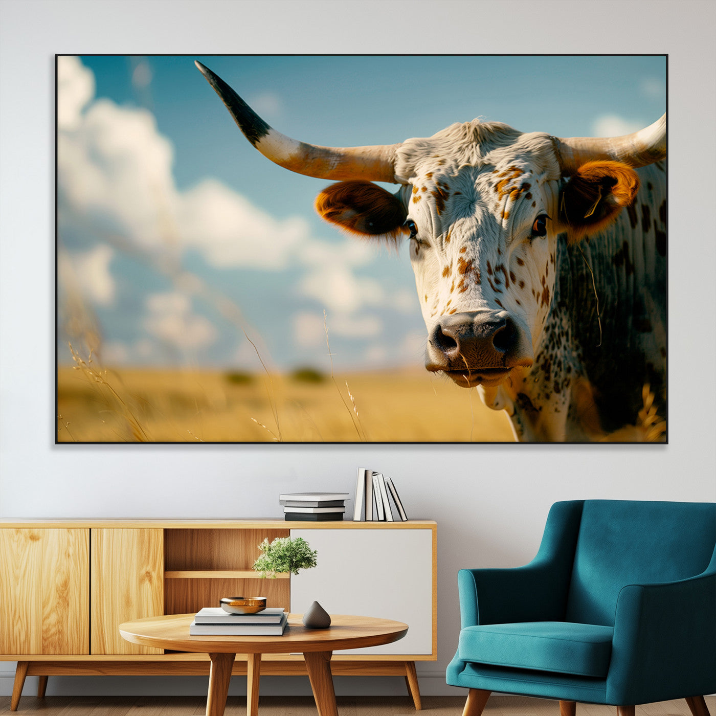 SEG-FC-51X34_Oversize - Longhorn in the Prairie - Stunning Ranch-Style Triptych Wall Art for Western Home Decor, Cowboy Wall