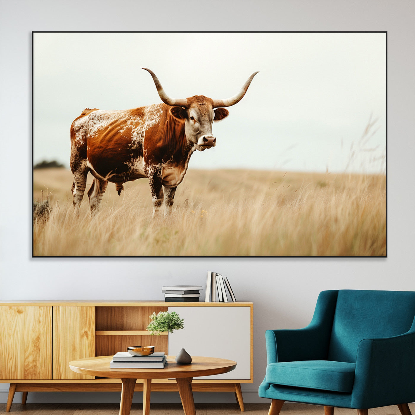 SEG-FC-51X34_Oversize - Texas Longhorn Canvas Wall Art Print – Majestic Western Cattle in Rustic Farmhouse Decor – Cow Wall