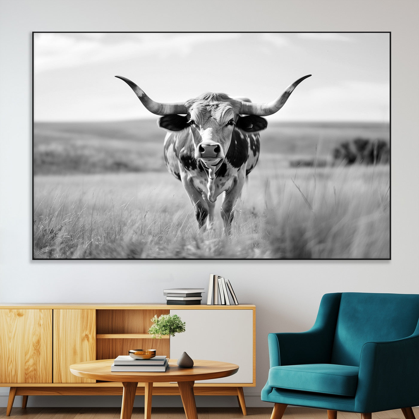 SEG-FC-51X34_Oversize - Texas Cow Longhorn Wall Art Canvas Print for Farm House Wall Decor, Farmhouse Wall Art Print