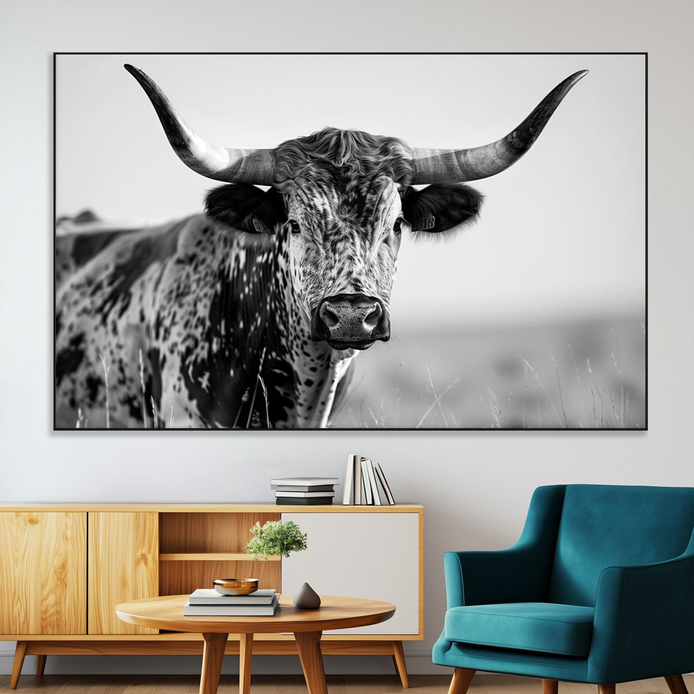SEG-FC-51X34_Oversize - Texas Highland Cow Longhorn Canvas Print - Rustic Farmhouse Wall Art - Large Texas Longhorn