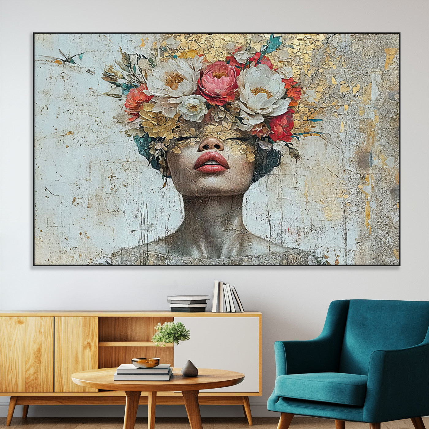 SEG-FC-51X34_Oversize - Golden Petal Wall Art Canvas Print - Silhouette Woman Wall Art Canvas Print, Floral Woman Portrait